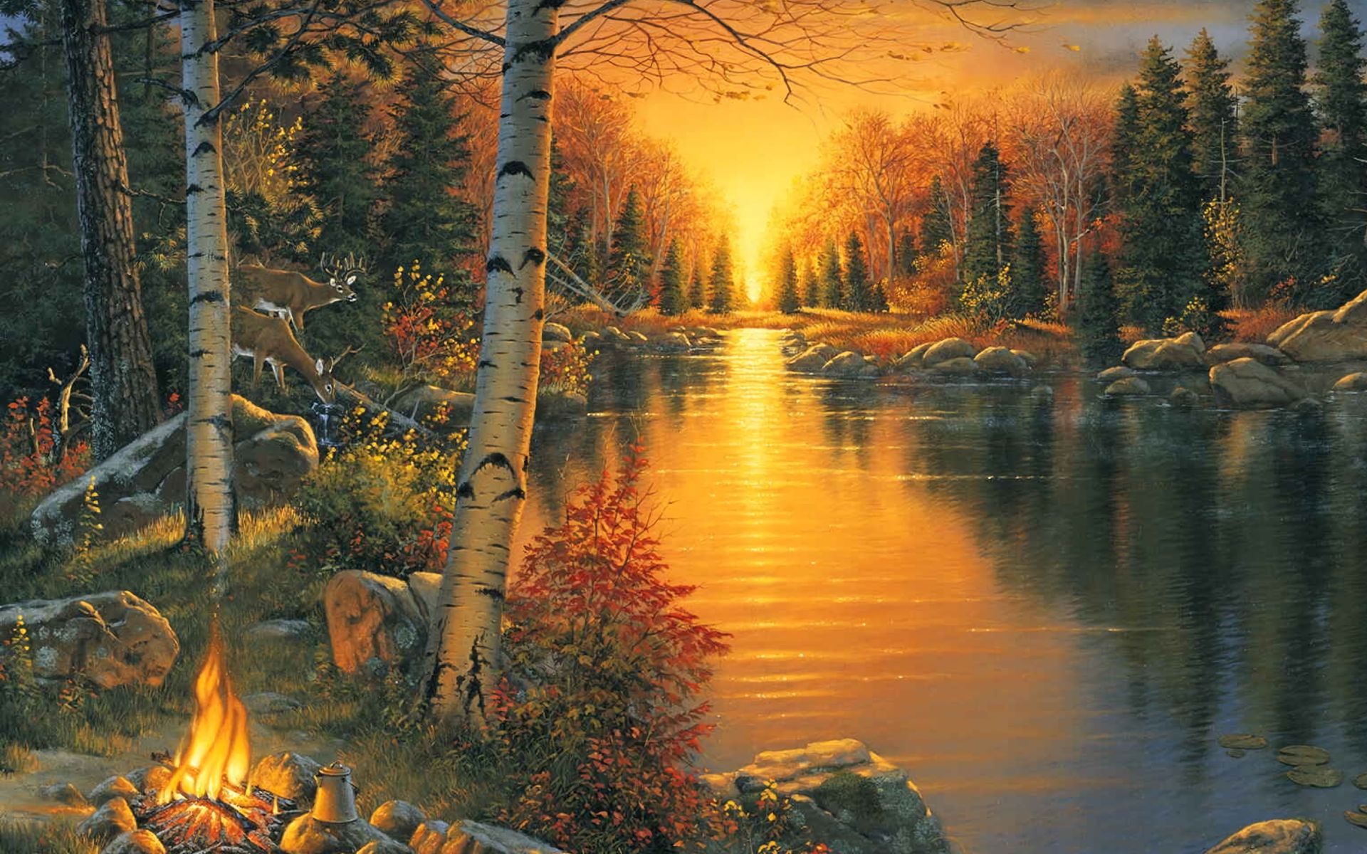 Download mobile wallpaper Landscape, Sunset, Tree, Painting, Artistic, River for free.