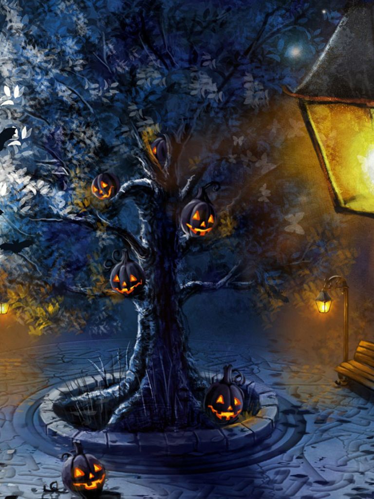 Download mobile wallpaper Halloween, Tree, Holiday, Lantern, Jack O' Lantern for free.
