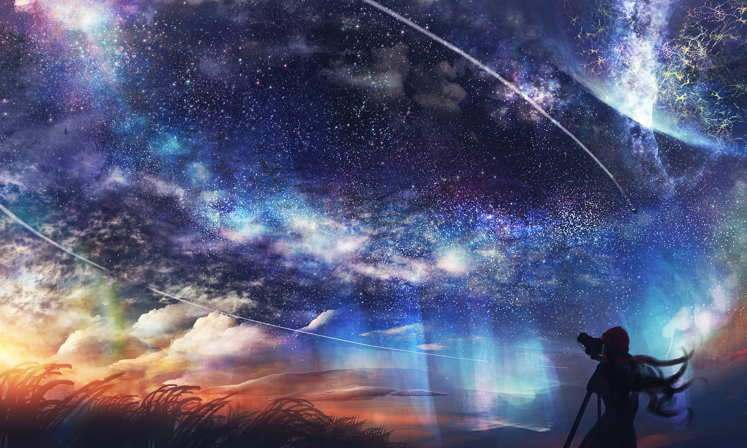 Download mobile wallpaper Anime, Sunset, Starry Sky, Camera, Original for free.