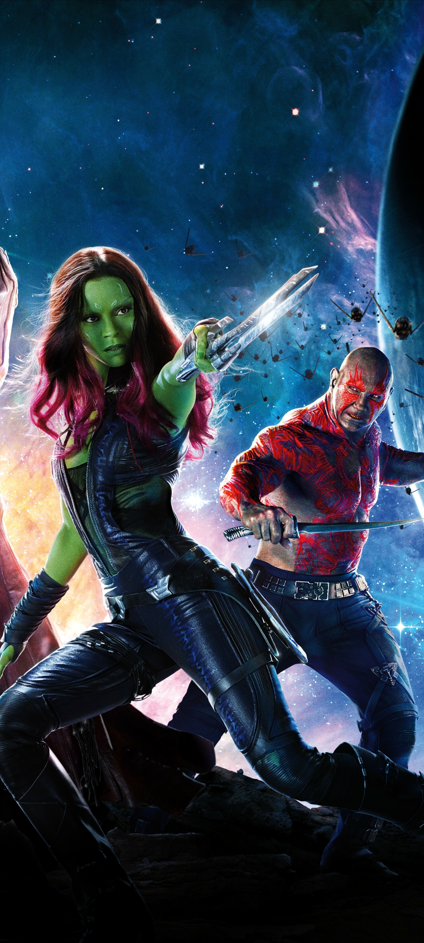 Download mobile wallpaper Movie, Guardians Of The Galaxy, Zoe Saldana, Drax The Destroyer, Gamora, Dave Bautista for free.