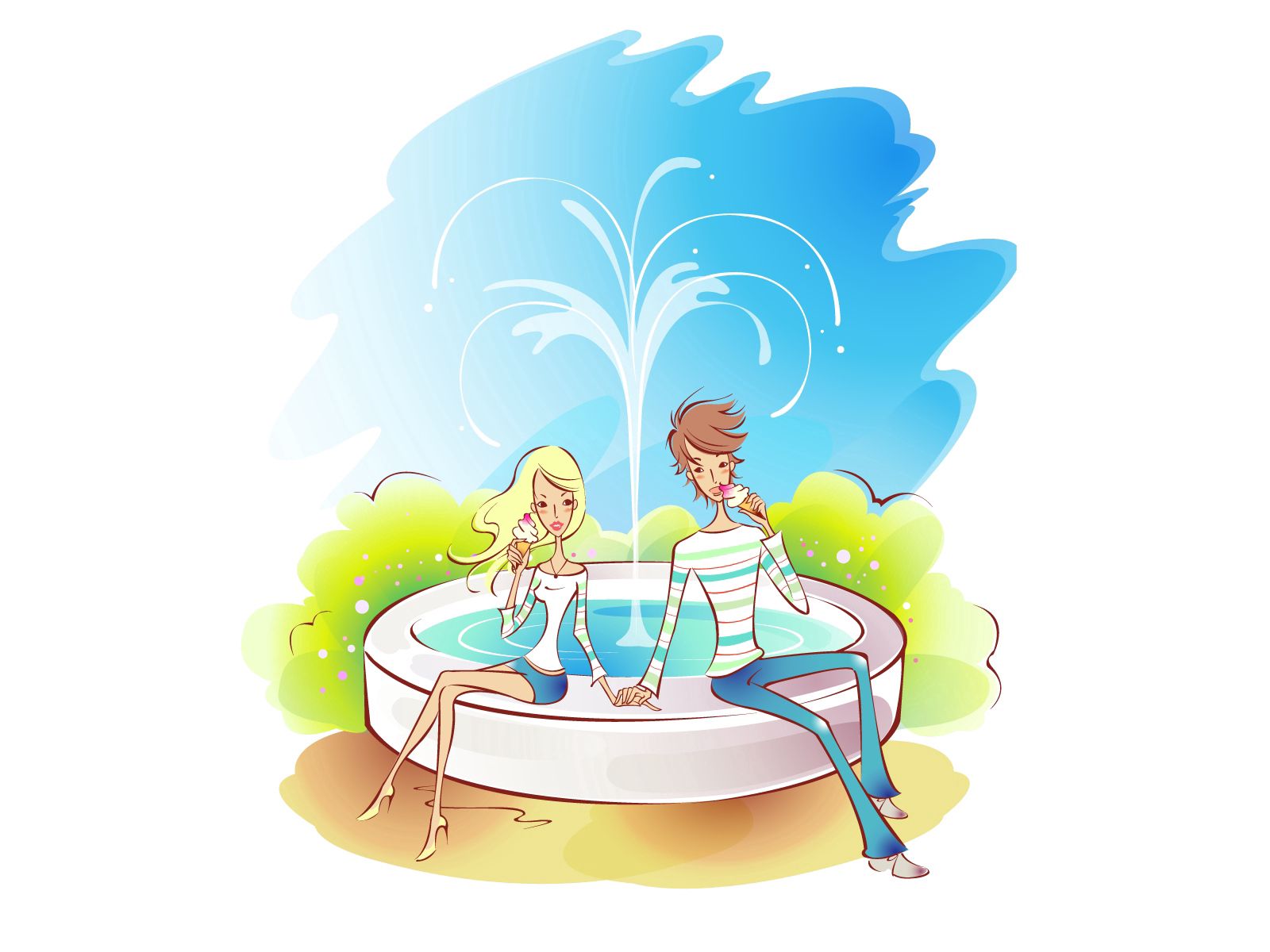 Free download wallpaper Water, Art, Fountain, Pair, Stroll, Couple, Picture, Drawing, Love on your PC desktop