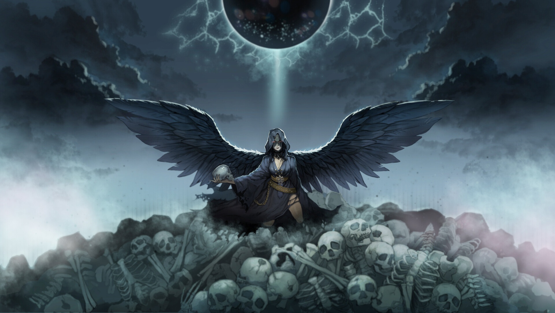 Download mobile wallpaper Dark, Wings, Angel, Skull for free.
