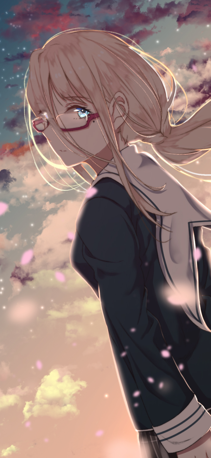 Handy-Wallpaper Blond, Brille, Blaue Augen, Original, Blondinen, Schuluniform, Animes, Lange Haare kostenlos herunterladen.