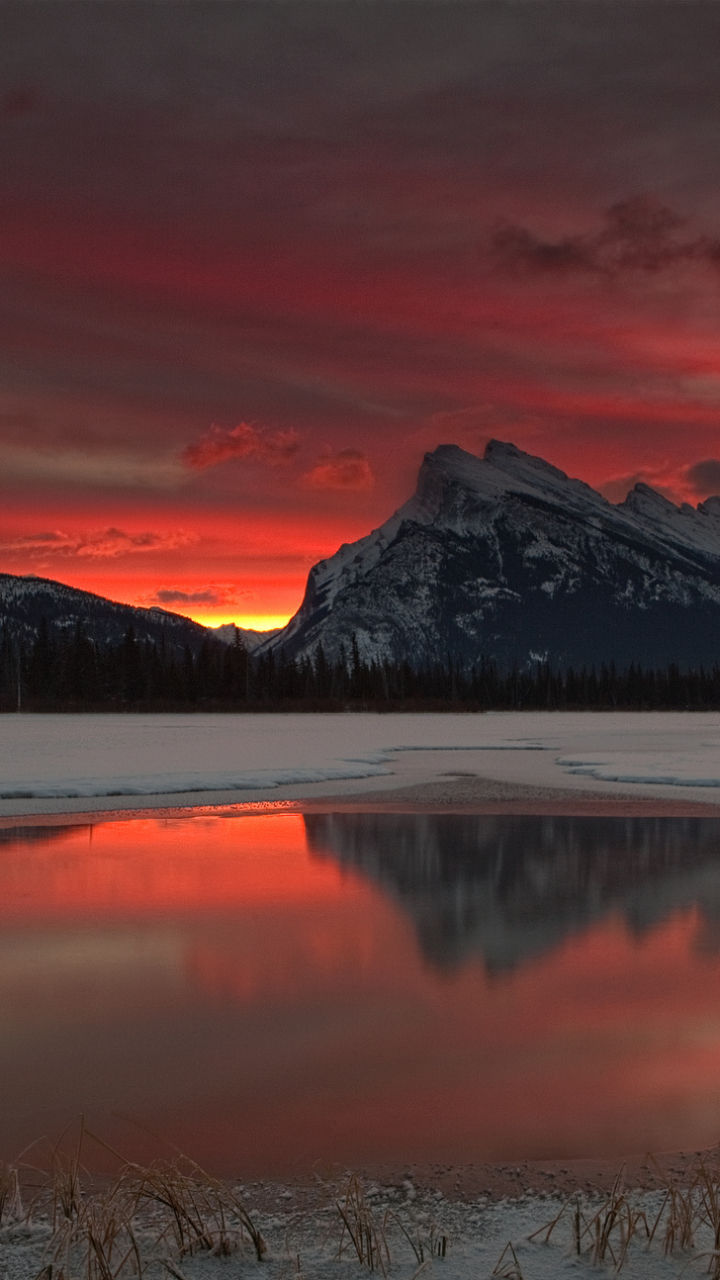 Descarga gratuita de fondo de pantalla para móvil de Nieve, Amanecer, Montaña, Lago, Reflexión, Tierra/naturaleza, Reflejo.