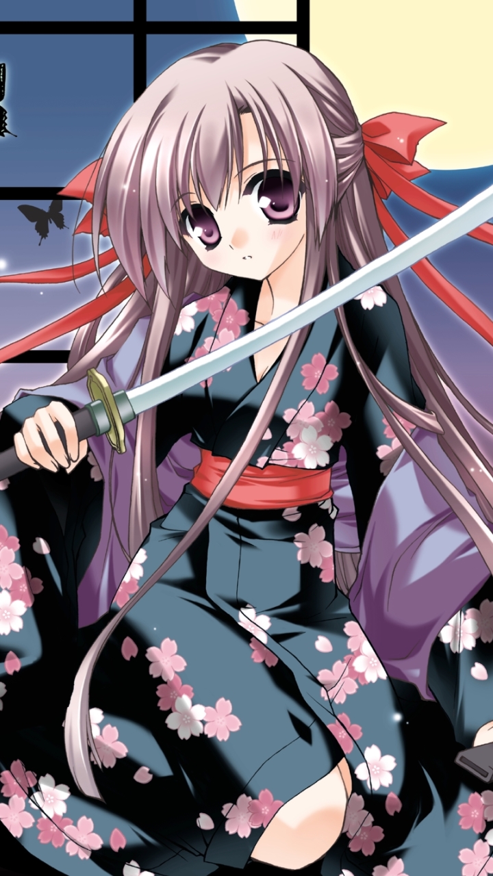Download mobile wallpaper Anime, Kimono, Sword, Original, Long Hair, Brown Hair, Purple Eyes, Bow (Clothing) for free.