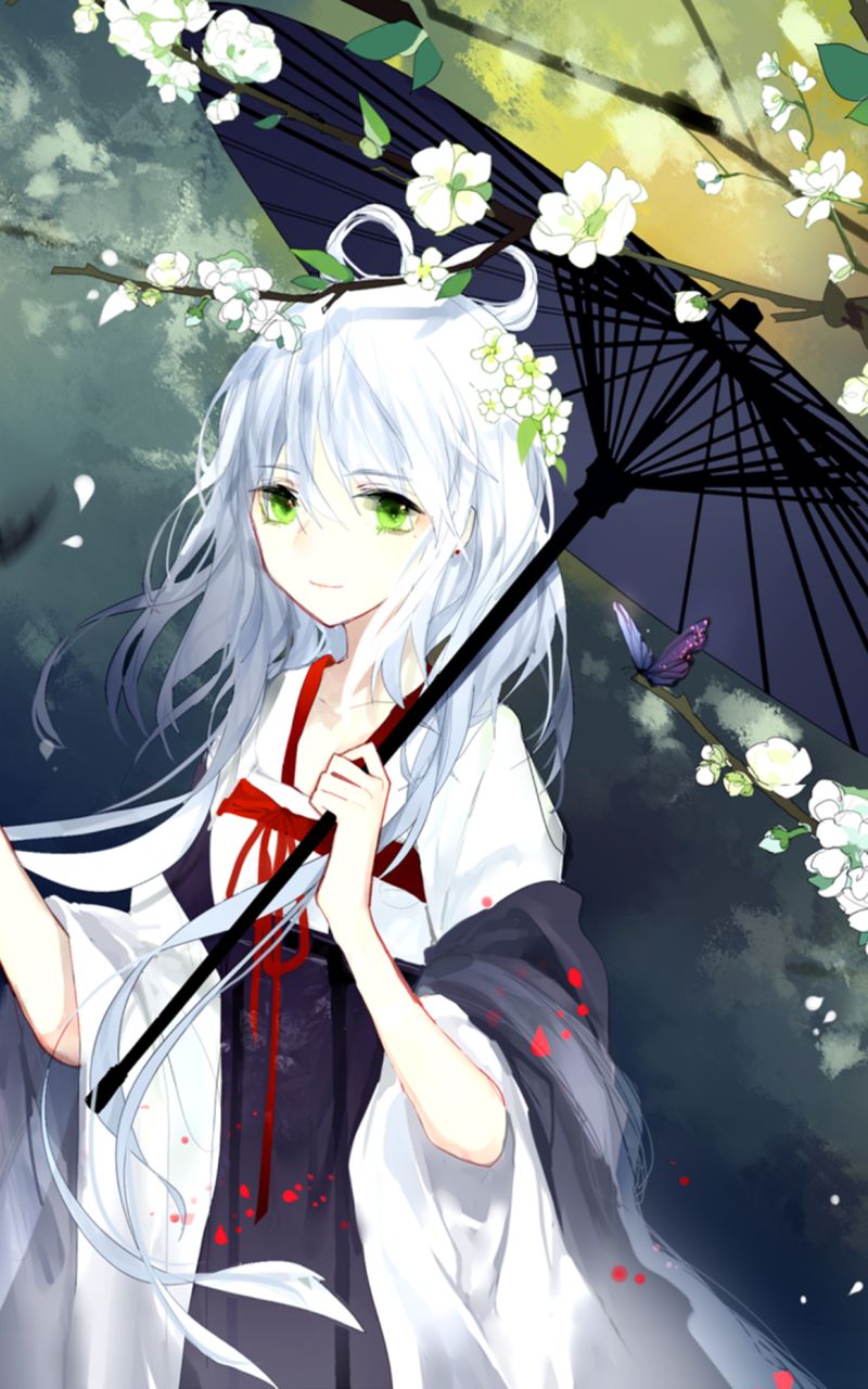 Download mobile wallpaper Anime, Flower, Umbrella, Green Eyes, Original, White Hair for free.