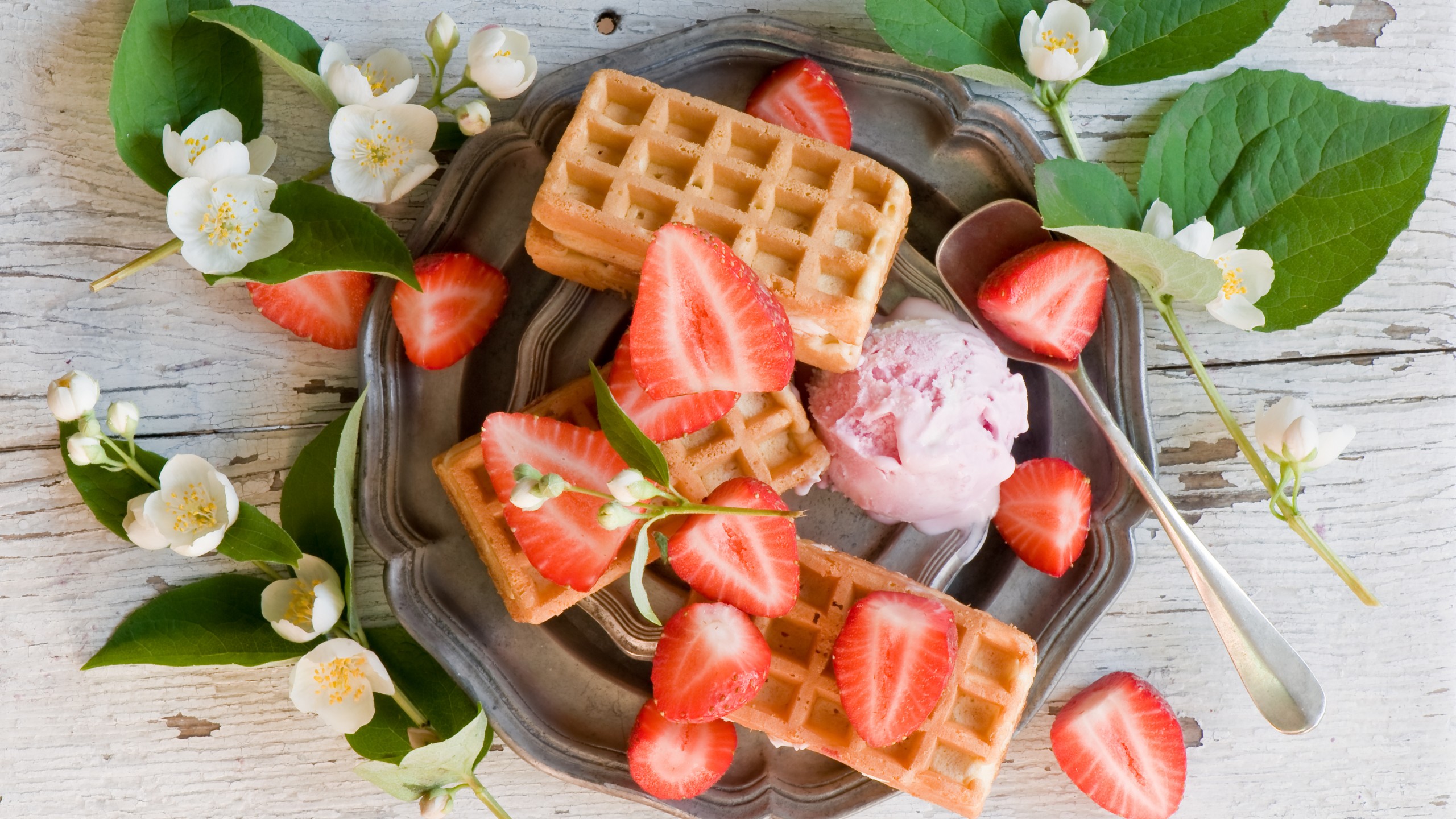 Download mobile wallpaper Food, Strawberry, Dessert, Ice Cream, Waffle for free.