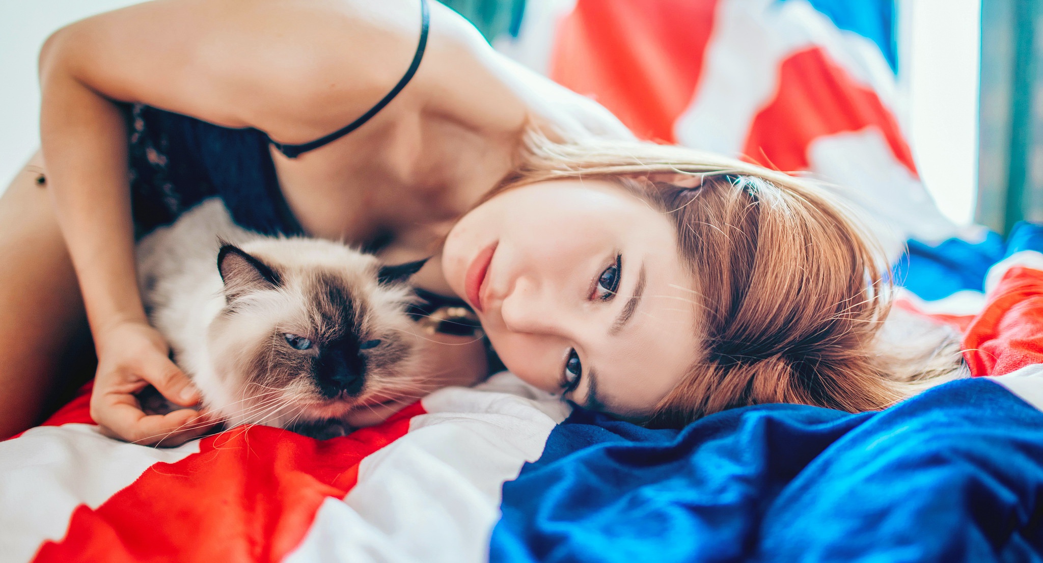Download mobile wallpaper Cat, Brunette, Model, Women, Asian, Lying Down for free.