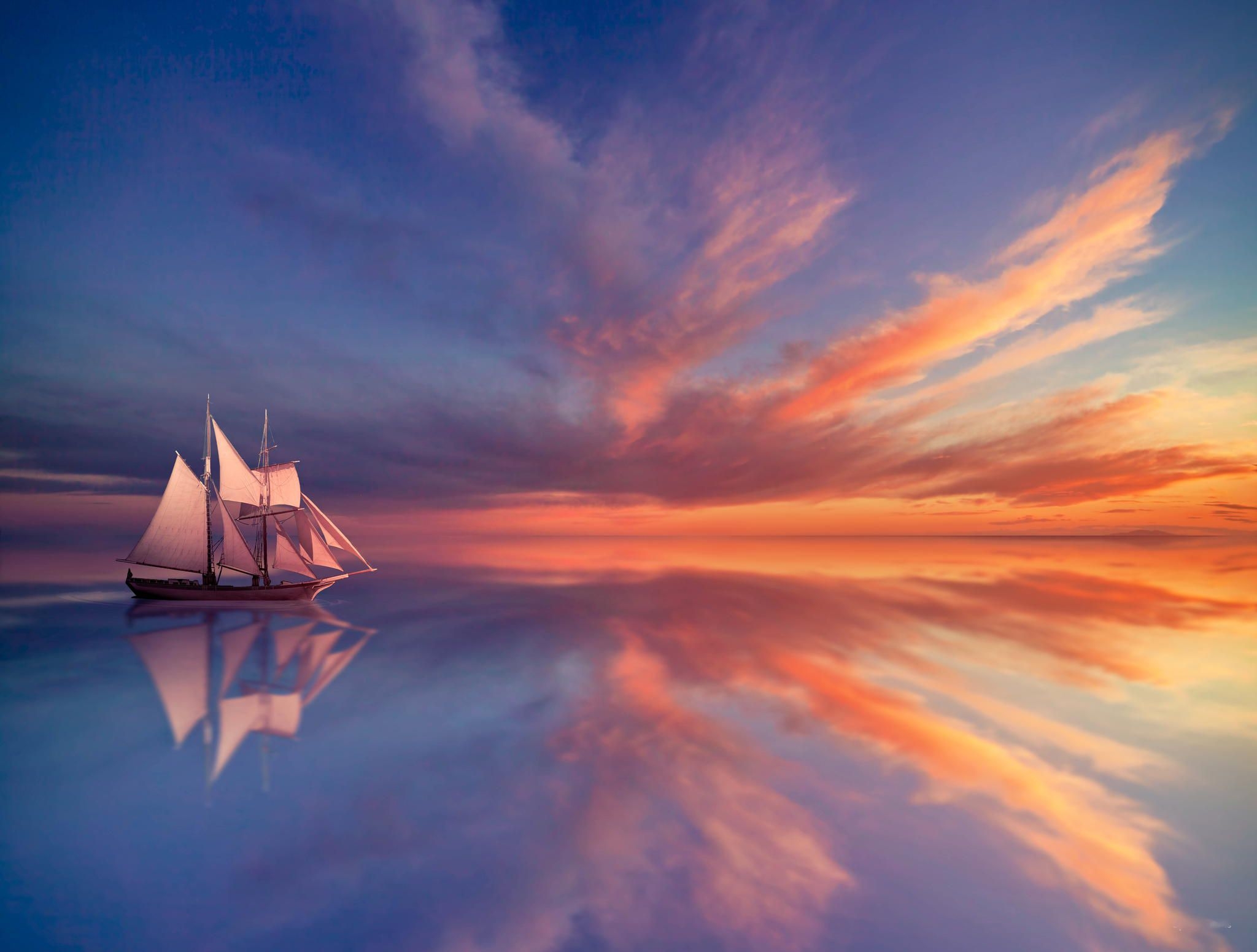 Download mobile wallpaper Sunset, Sky, Sea, Horizon, Reflection, Ocean, Sailboat, Vehicles for free.