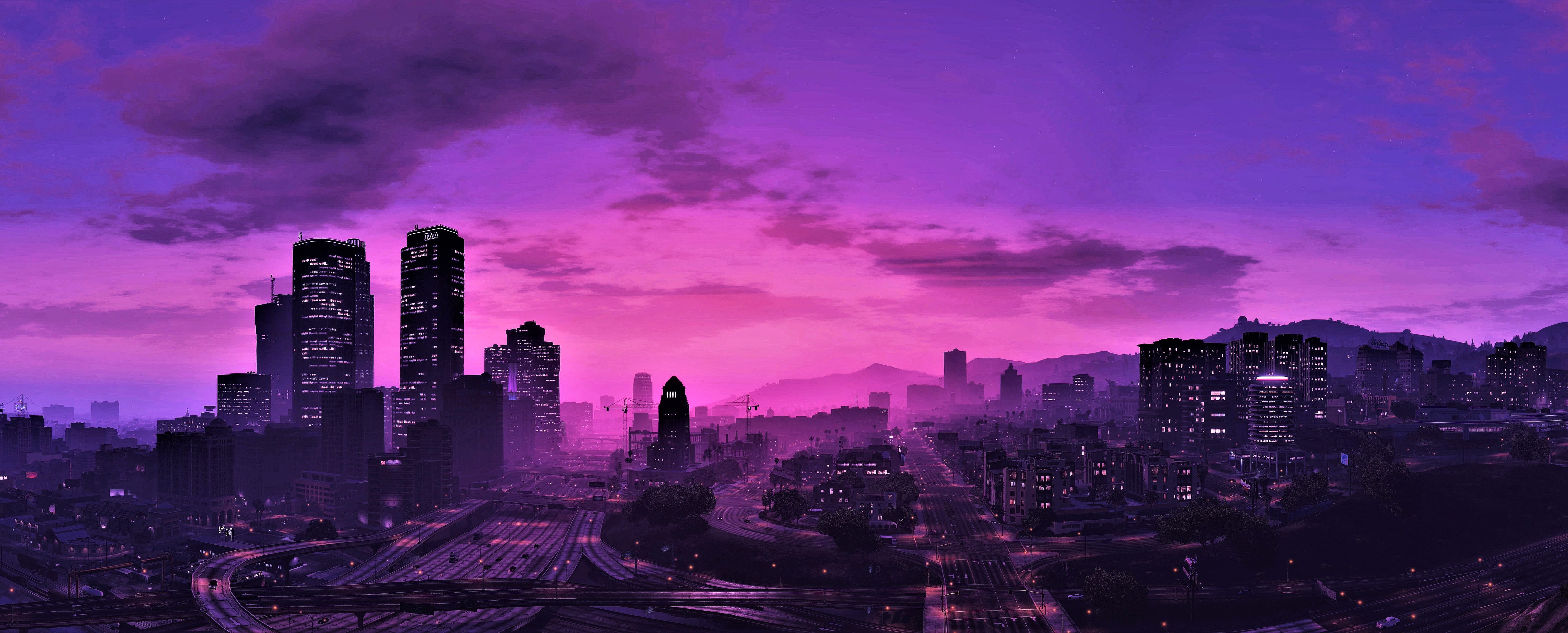 Laden Sie das Rosa, Stadt, Wolkenkratzer, Himmel, Computerspiele, Grand Theft Auto V, Los Santos-Bild kostenlos auf Ihren PC-Desktop herunter