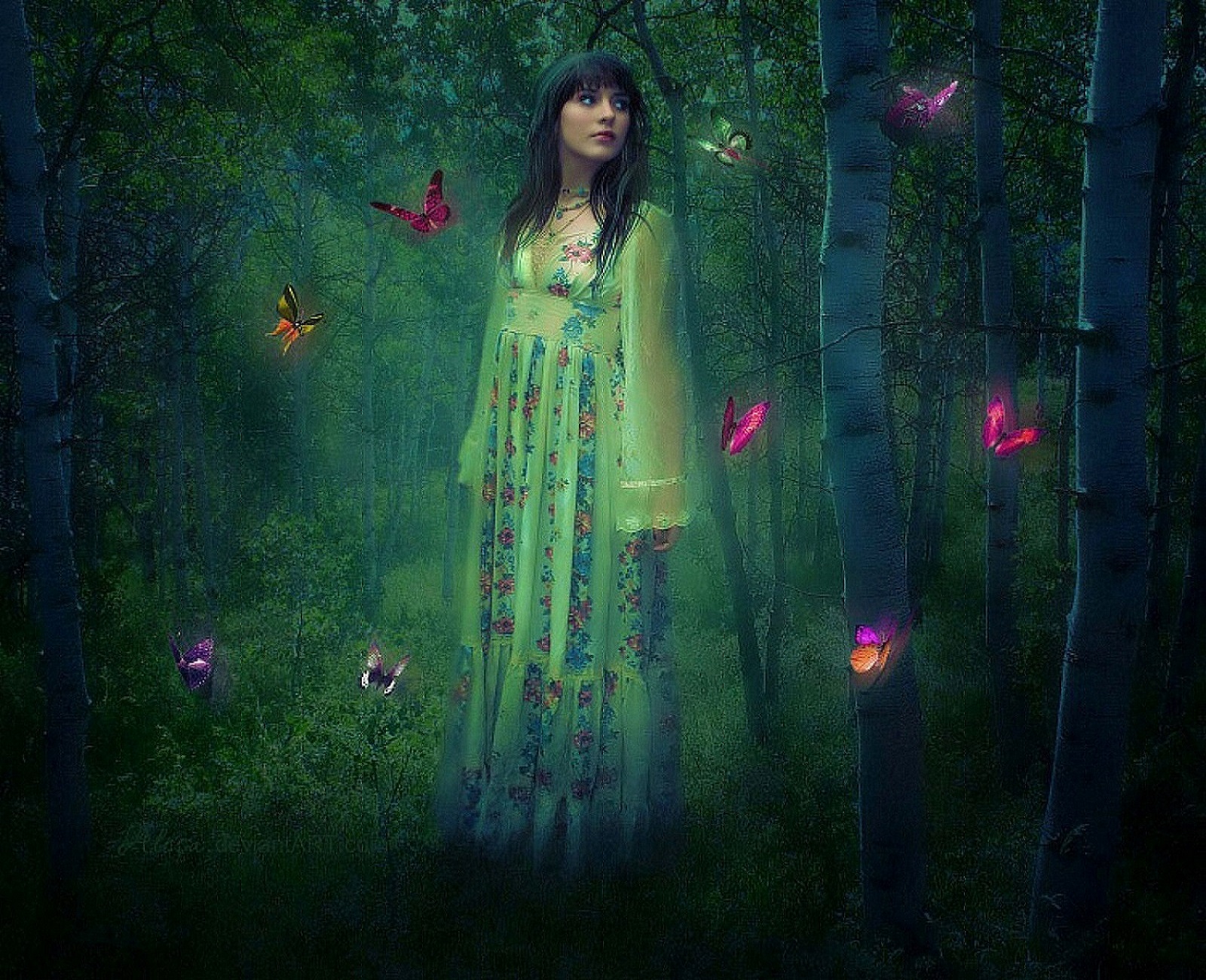 Download mobile wallpaper Fantasy, Forest, Butterfly, Women for free.