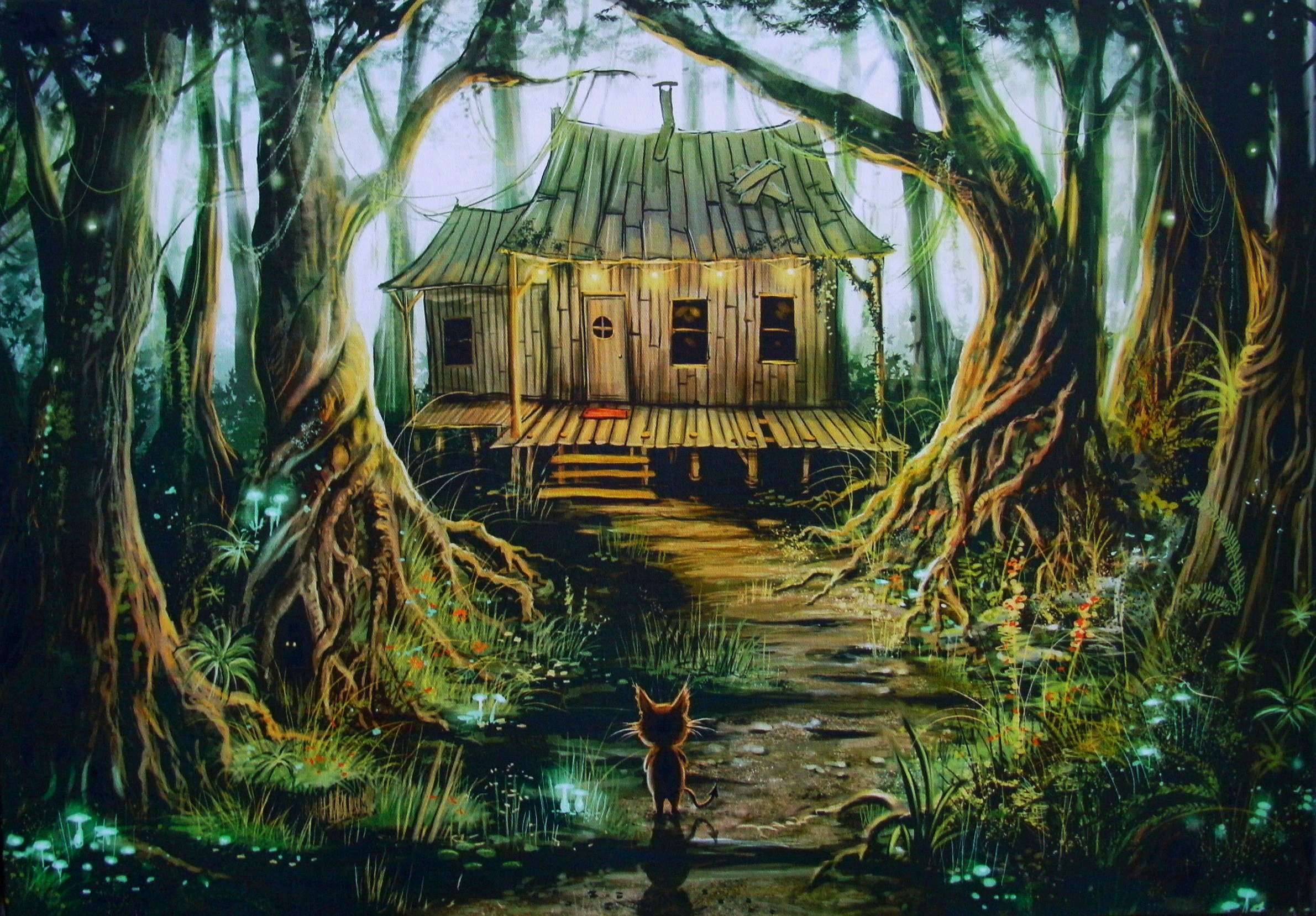 Download mobile wallpaper Fantasy, Forest, Cat, Tree, House, Cabin for free.