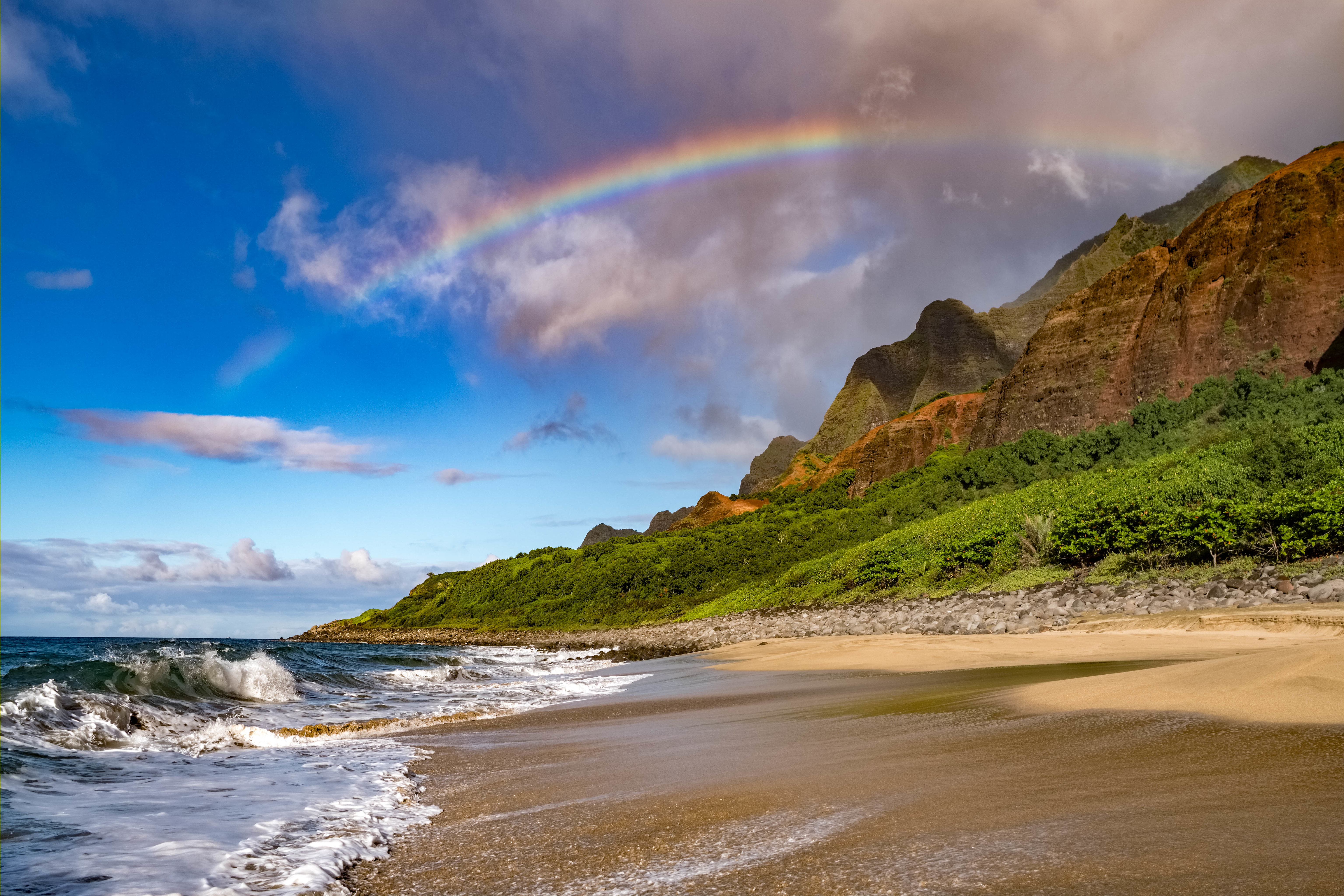 rainbow, beach, nature, waves, coast, slope download HD wallpaper