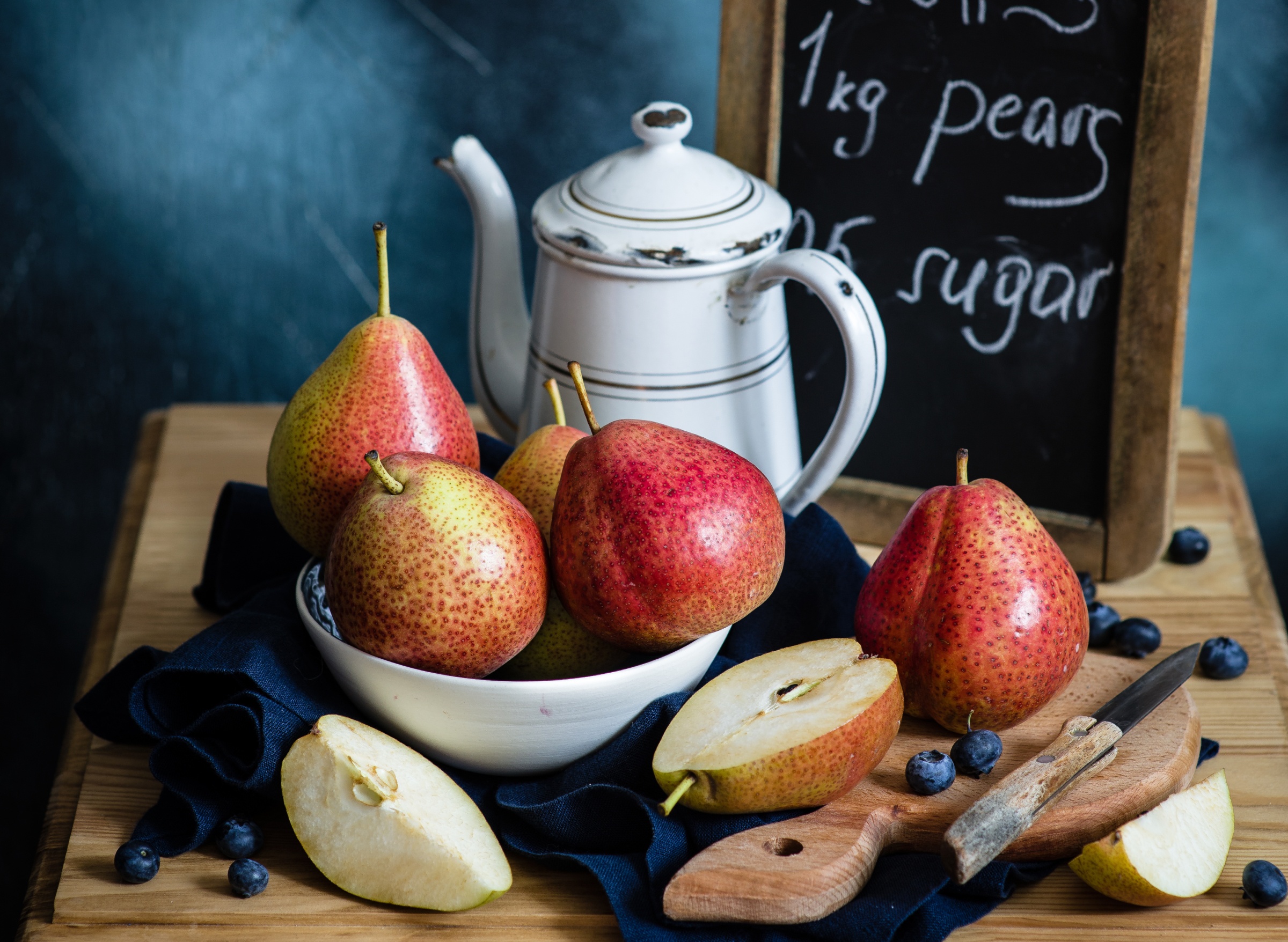 Download mobile wallpaper Fruits, Food, Still Life, Fruit, Teapot, Pear for free.