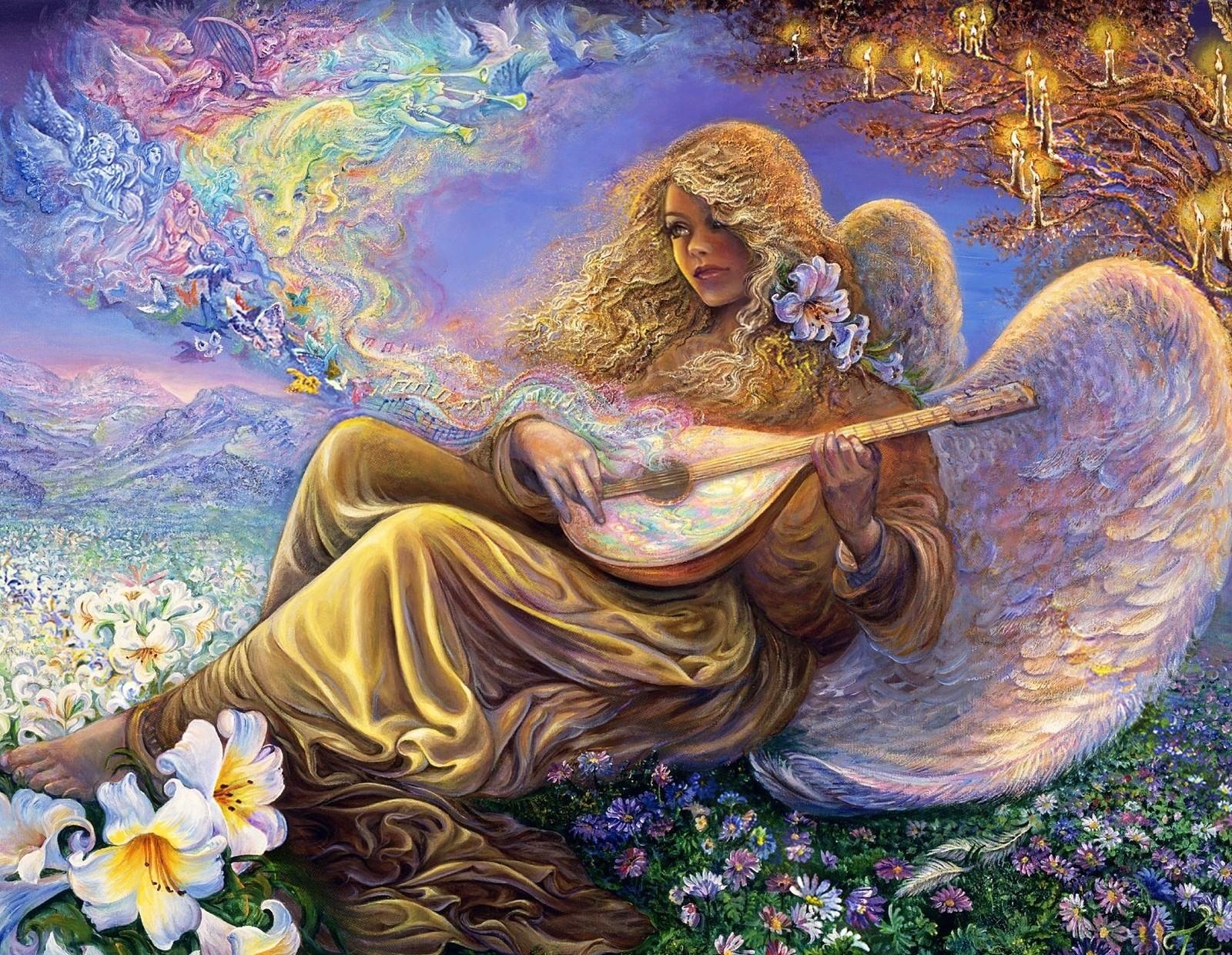 PC Wallpapers fantasy, angel, music, flowers, candles, girl, melody