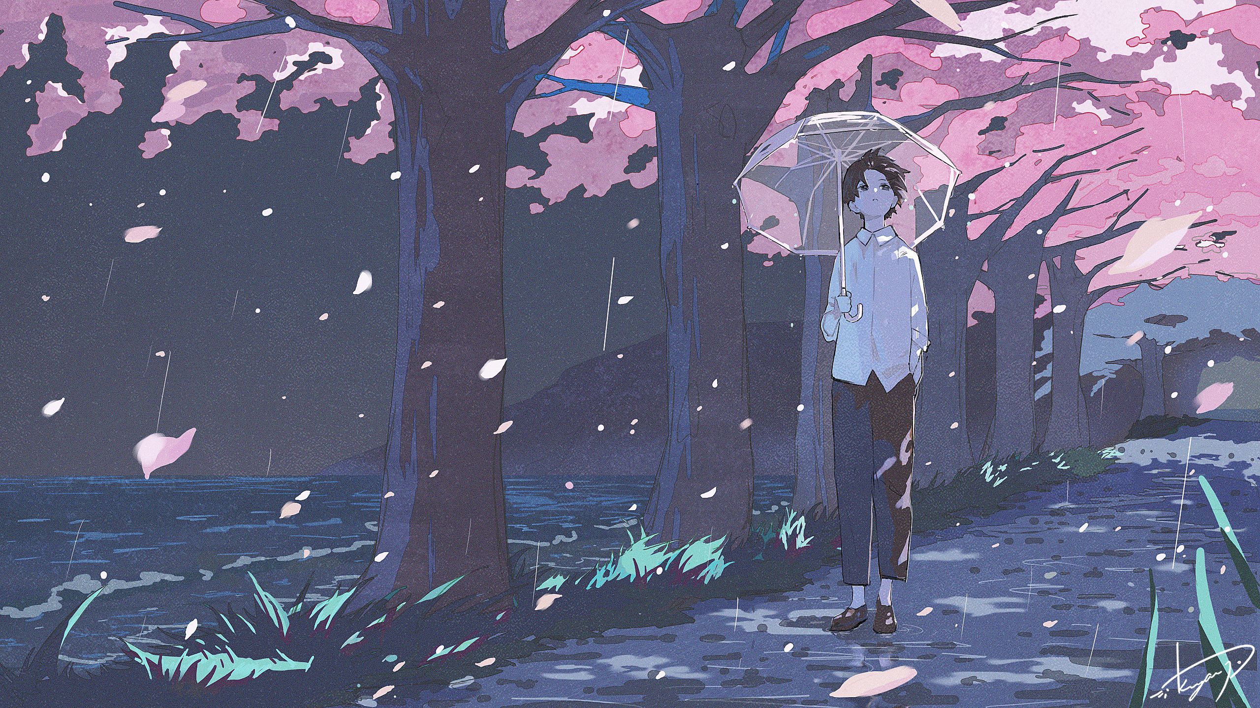 boy, anime, tree lined, umbrella