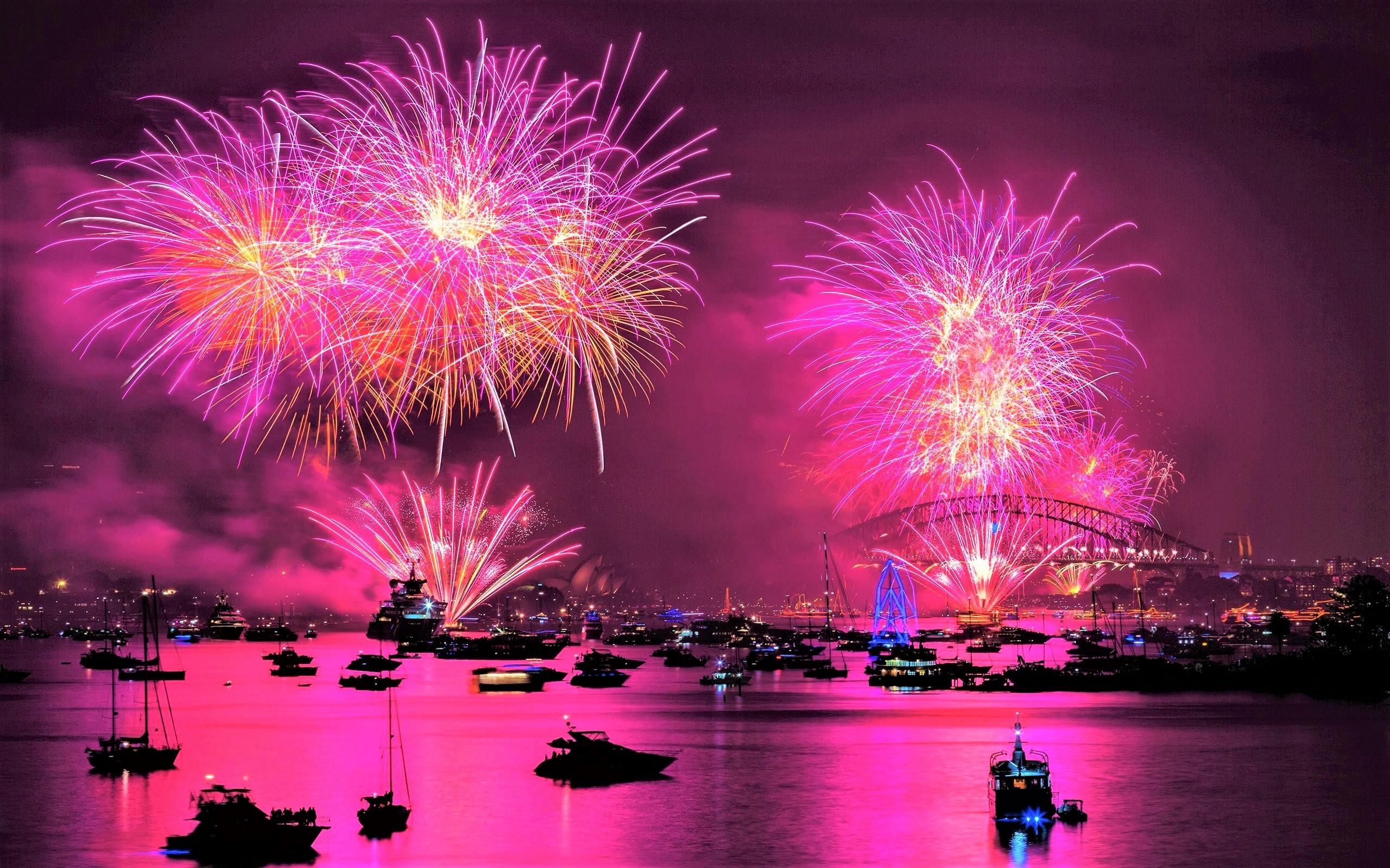 Free download wallpaper Pink, Night, Sydney, City, Boat, Colorful, Fireworks, Harbor, Photography, Australia, Sydney Harbour on your PC desktop