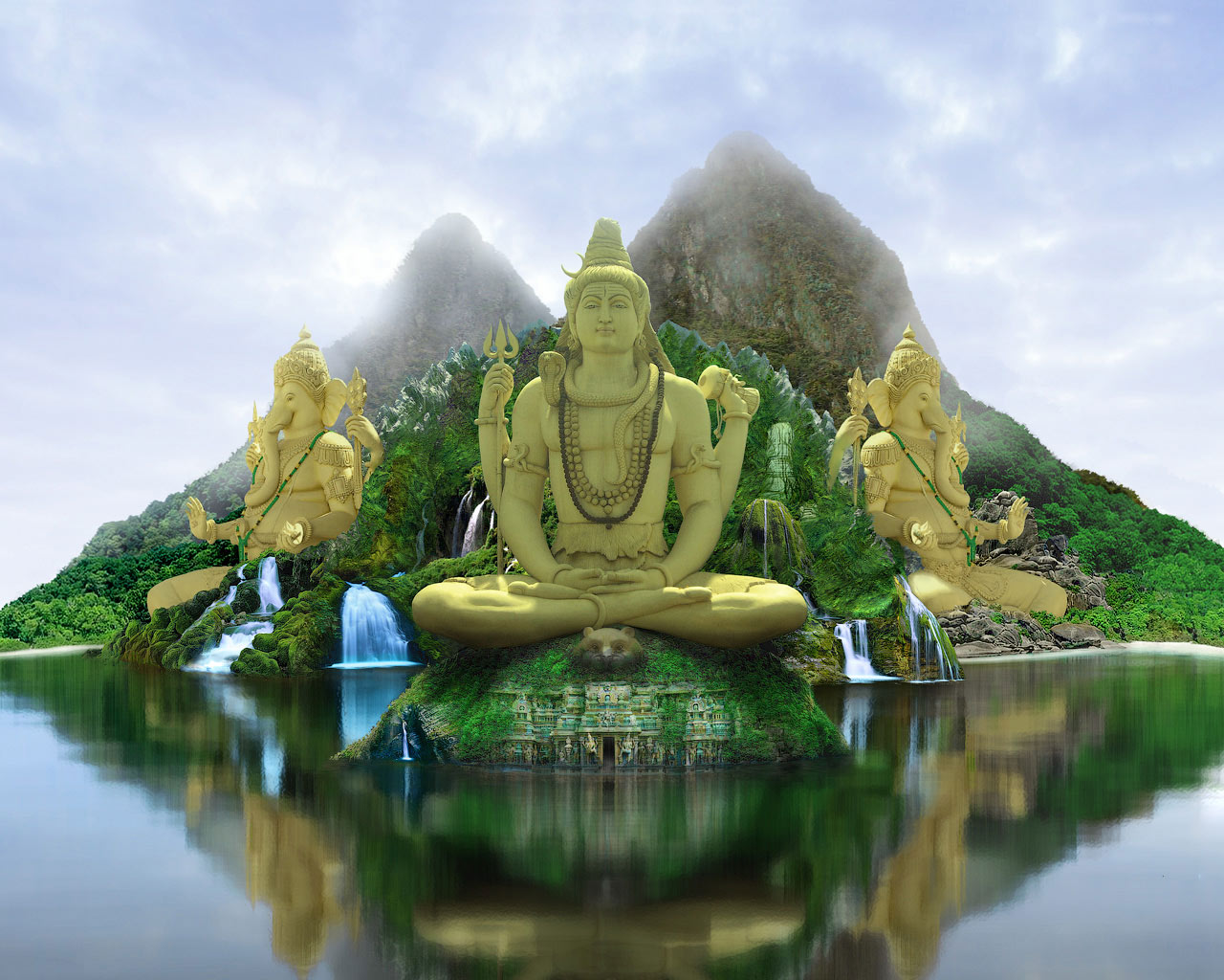 1463257 Bild herunterladen 3d, religiös, hinduismus, fantasie, insel, herr ganesh, religion, schiwa, tempel von shiva, tempel, wasserfall - Hintergrundbilder und Bildschirmschoner kostenlos
