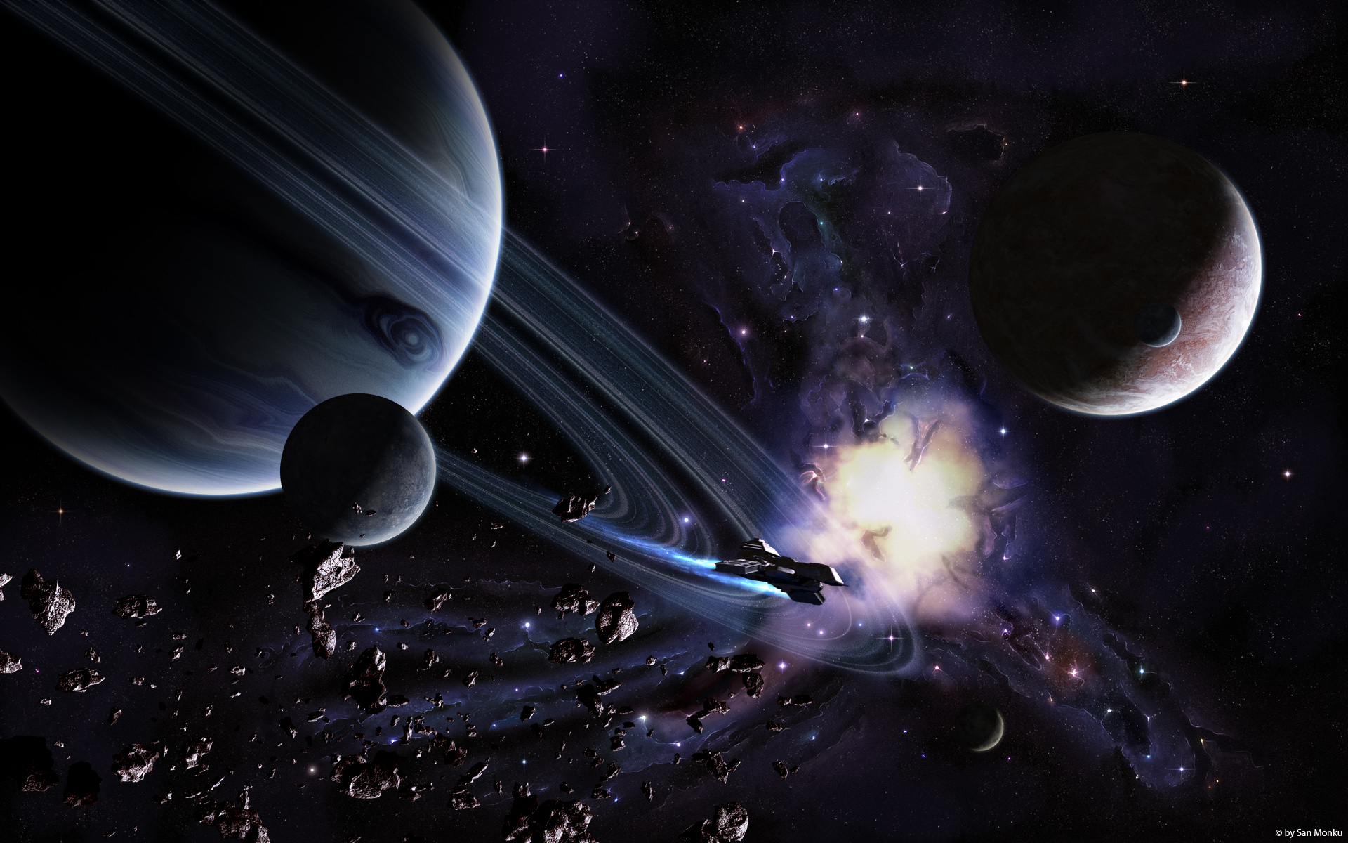 Laden Sie das Science Fiction, Raumschiff, Weltraum, Planetenring-Bild kostenlos auf Ihren PC-Desktop herunter