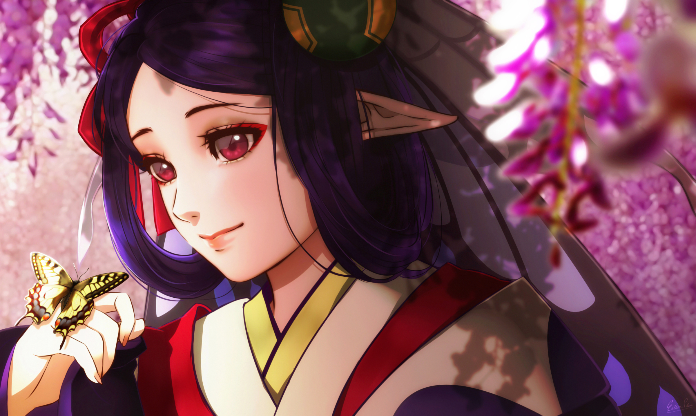 Download mobile wallpaper Fantasy, Butterfly, Face, Women, Red Eyes, Pointed Ears, Purple Hair, Onmyoji for free.