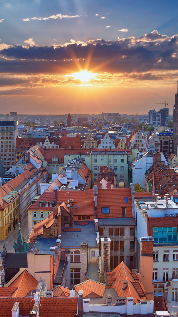 Download mobile wallpaper Sunset, City, Poland, Horizon, Panorama, Cityscape, Man Made, Wroclaw, Wrocław, Towns for free.