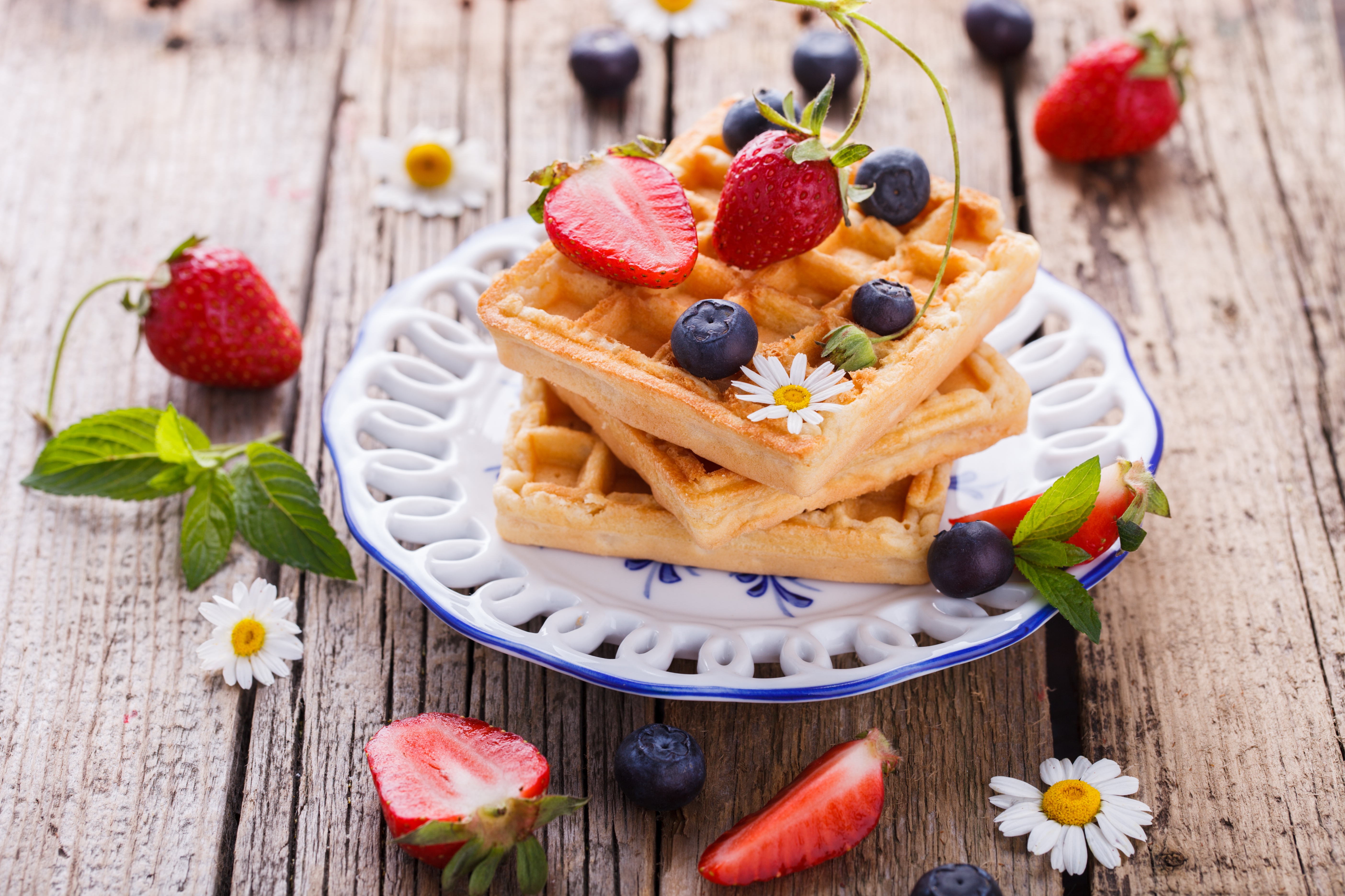 Download mobile wallpaper Food, Strawberry, Blueberry, Still Life, Fruit, Waffle, Breakfast for free.