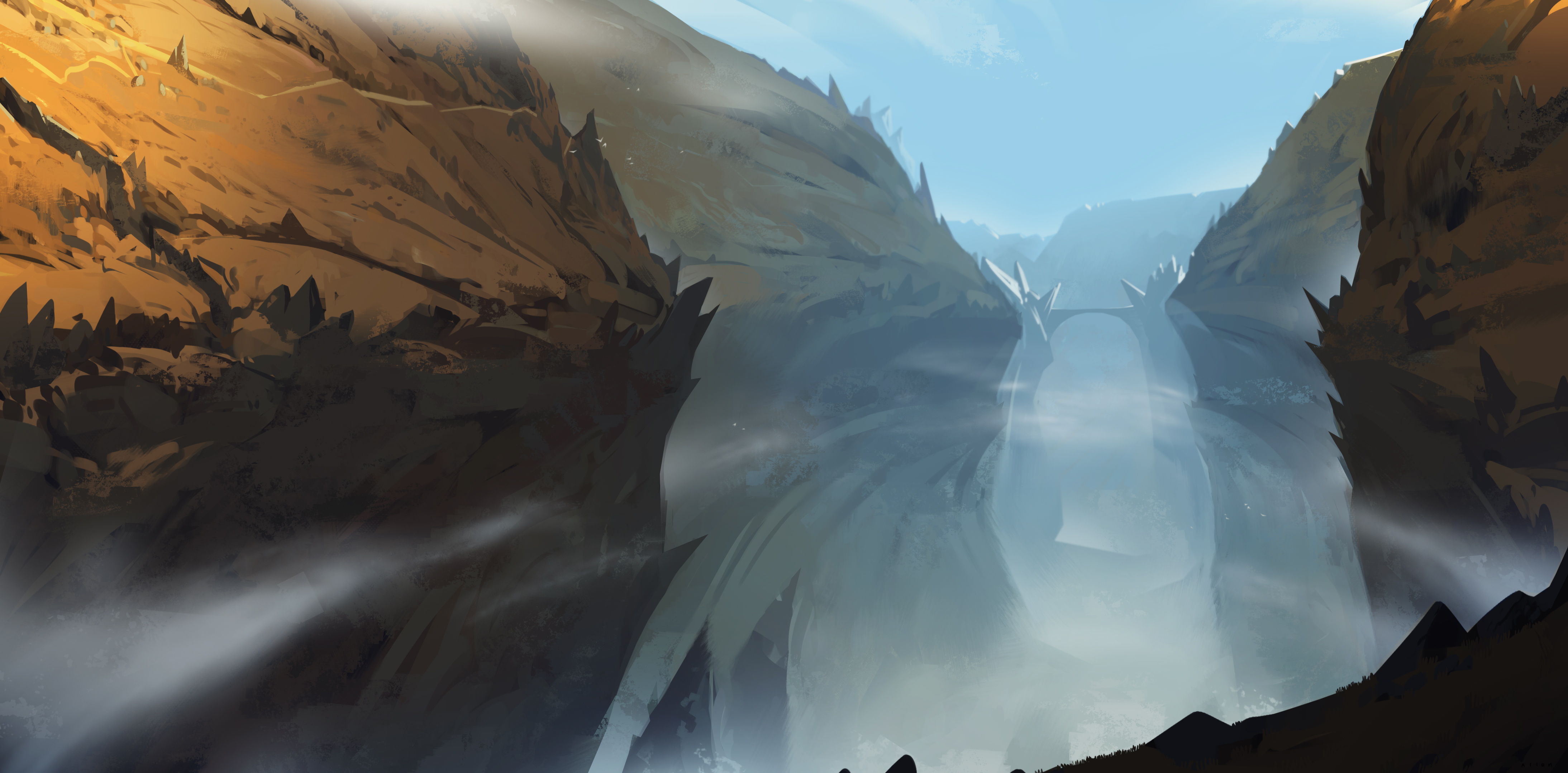 Free download wallpaper Landscape, Fantasy, Canyon, Fog, Bridge on your PC desktop