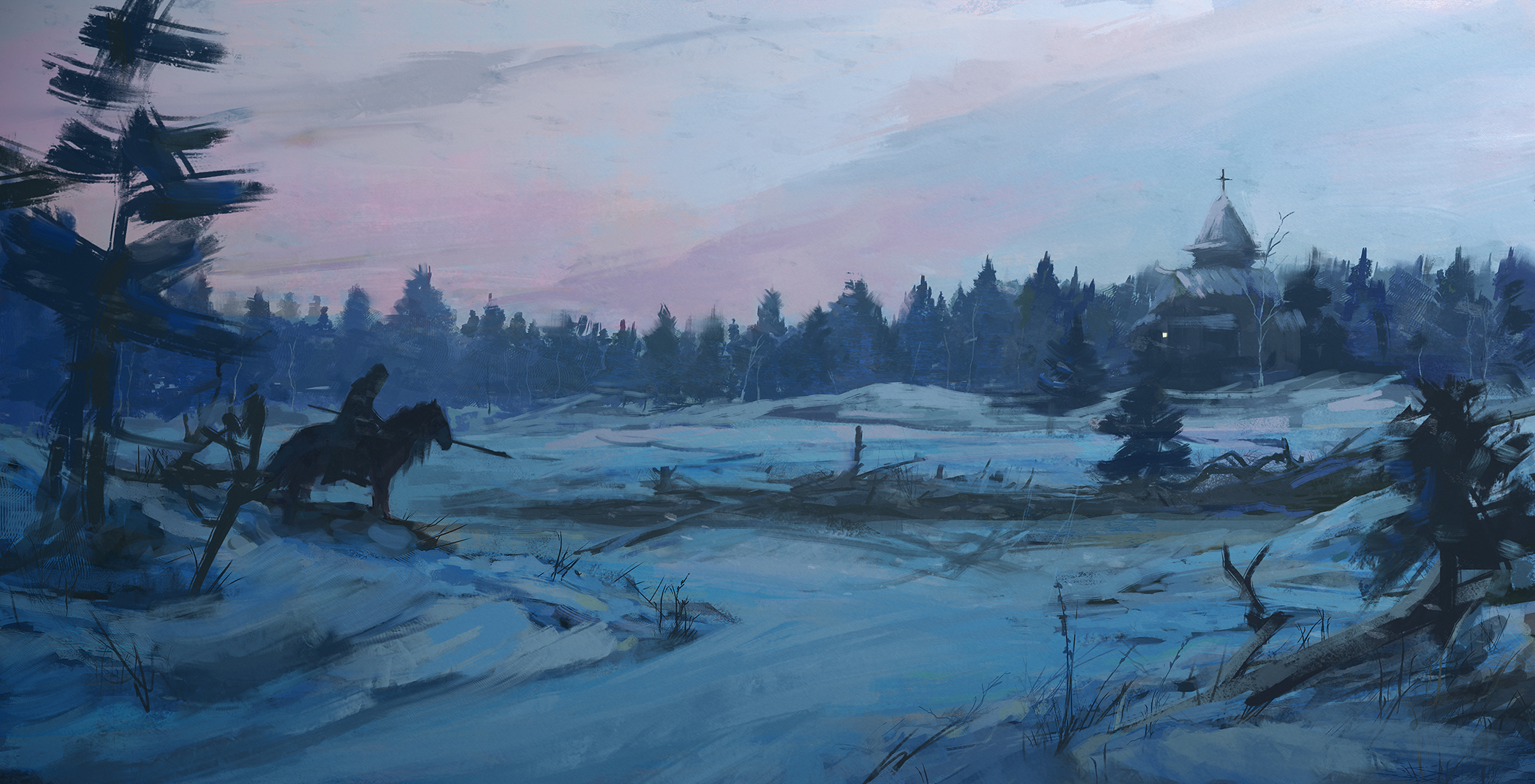 Download mobile wallpaper Landscape, Winter, Fantasy, Warrior, Horse, Church for free.