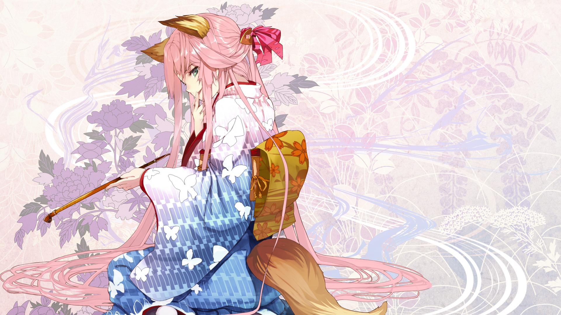 665356 Hintergrundbild herunterladen animes, geisha, kimono, kitsune, pinkes haar - Bildschirmschoner und Bilder kostenlos