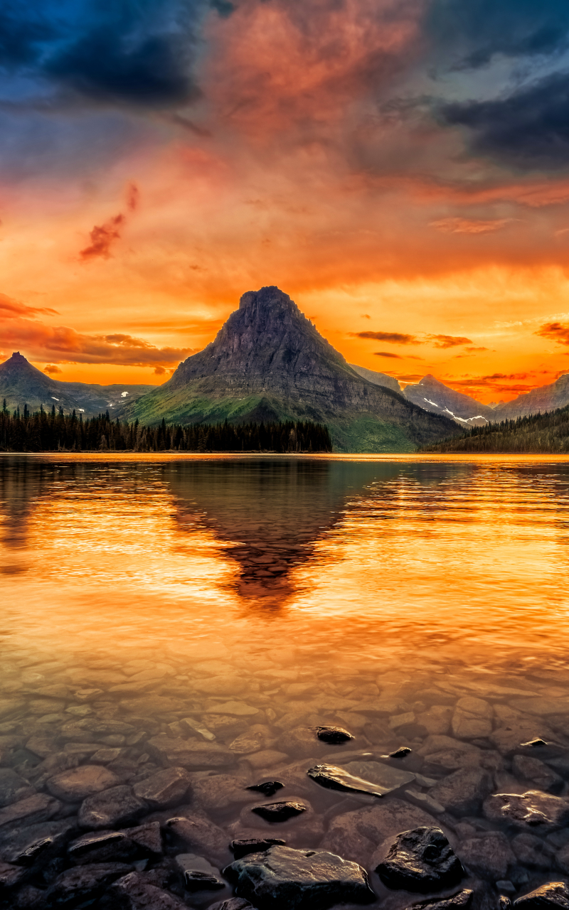 無料モバイル壁紙自然, 日没, 湖, 山, 反射, 地球, 国立公園, アメリカ合衆国, グレイシャー国立公園をダウンロードします。