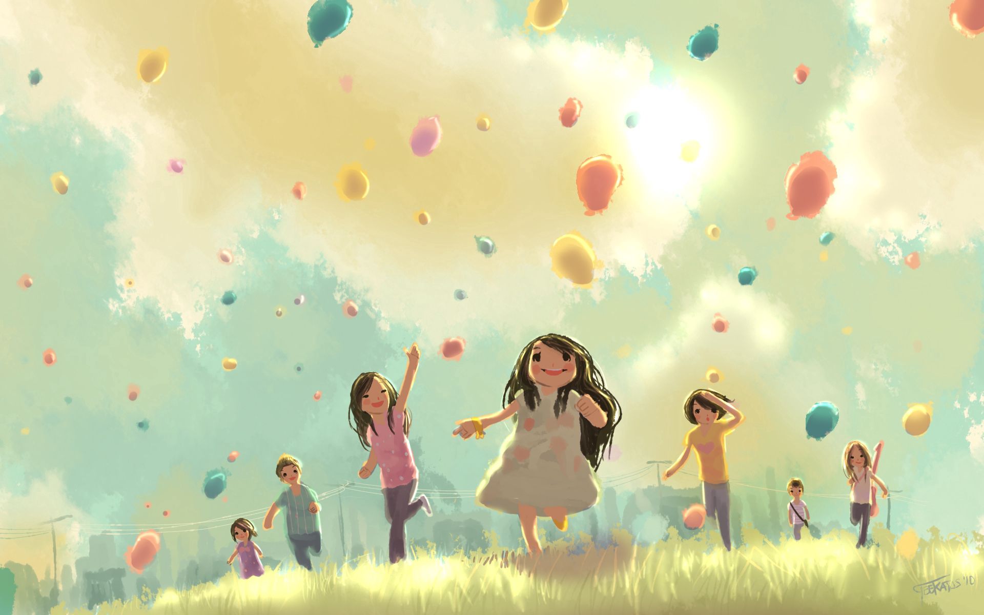 141994 скачать картинку дети, воздушные шары, трава, арт, праздник, прыжок, бег - обои и заставки бесплатно