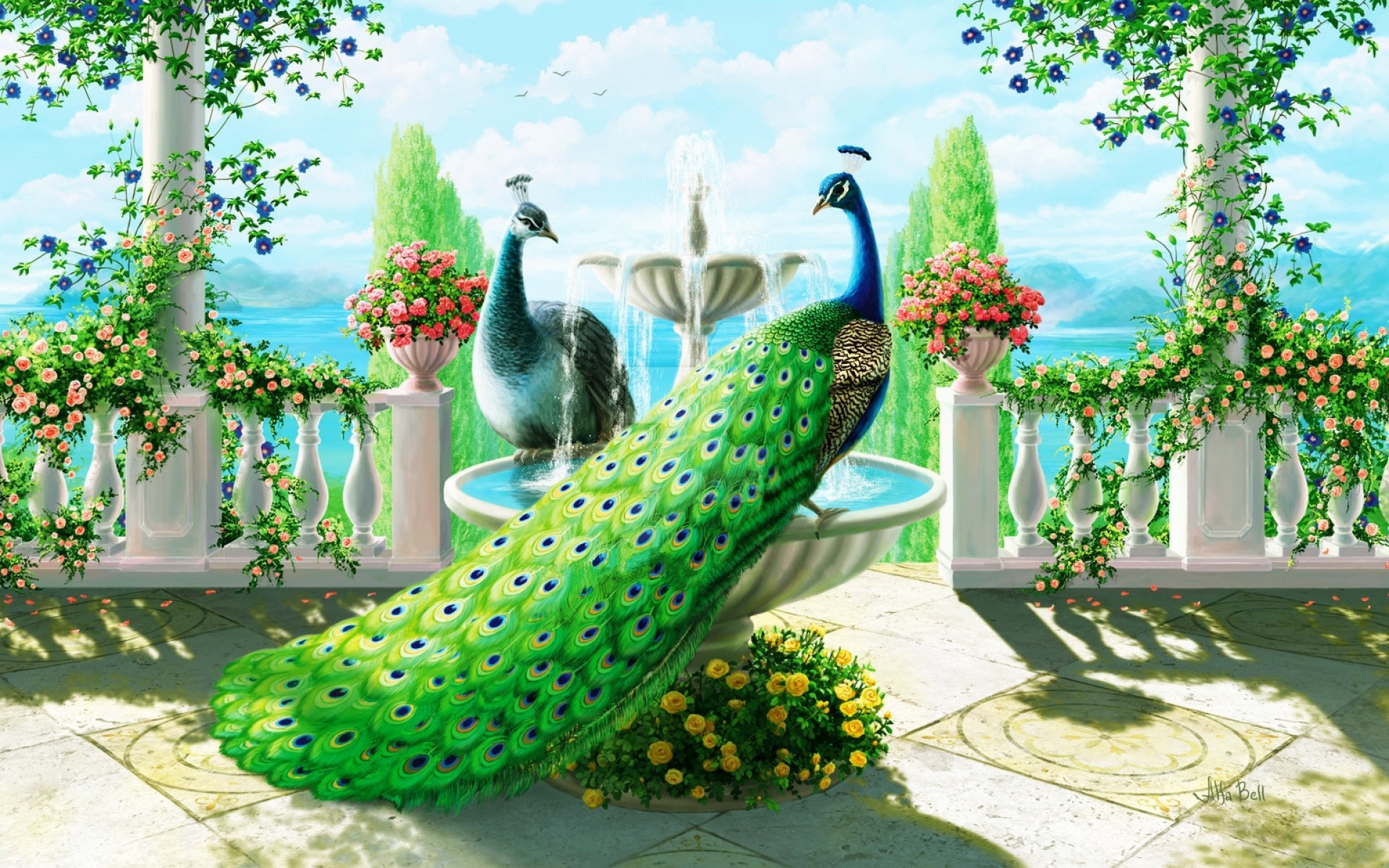 387218 descargar fondo de pantalla pavo real, animales, flor, pintura, aves: protectores de pantalla e imágenes gratis