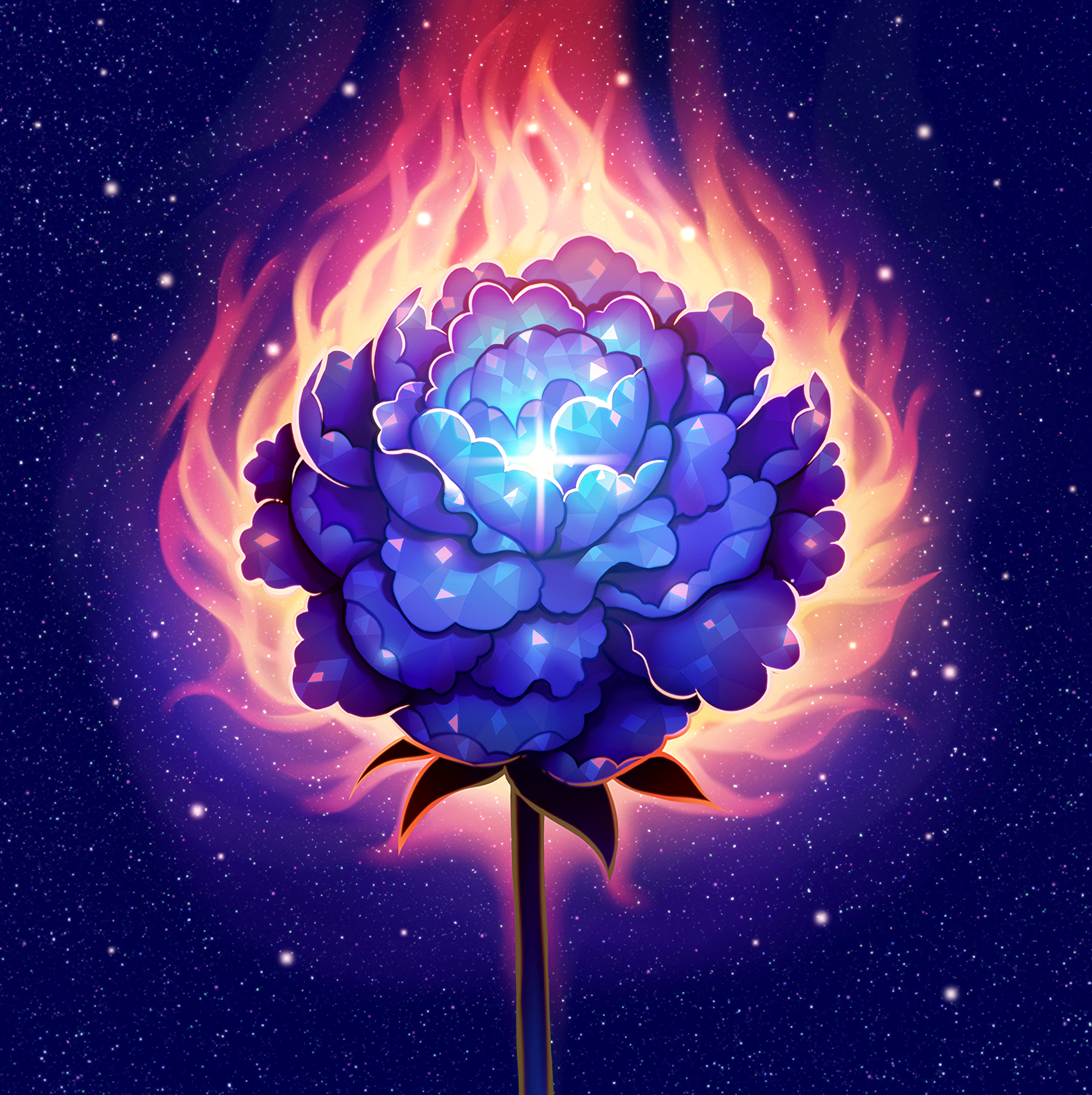 Download mobile wallpaper Glare, Flower, Shining, Fire, Art for free.