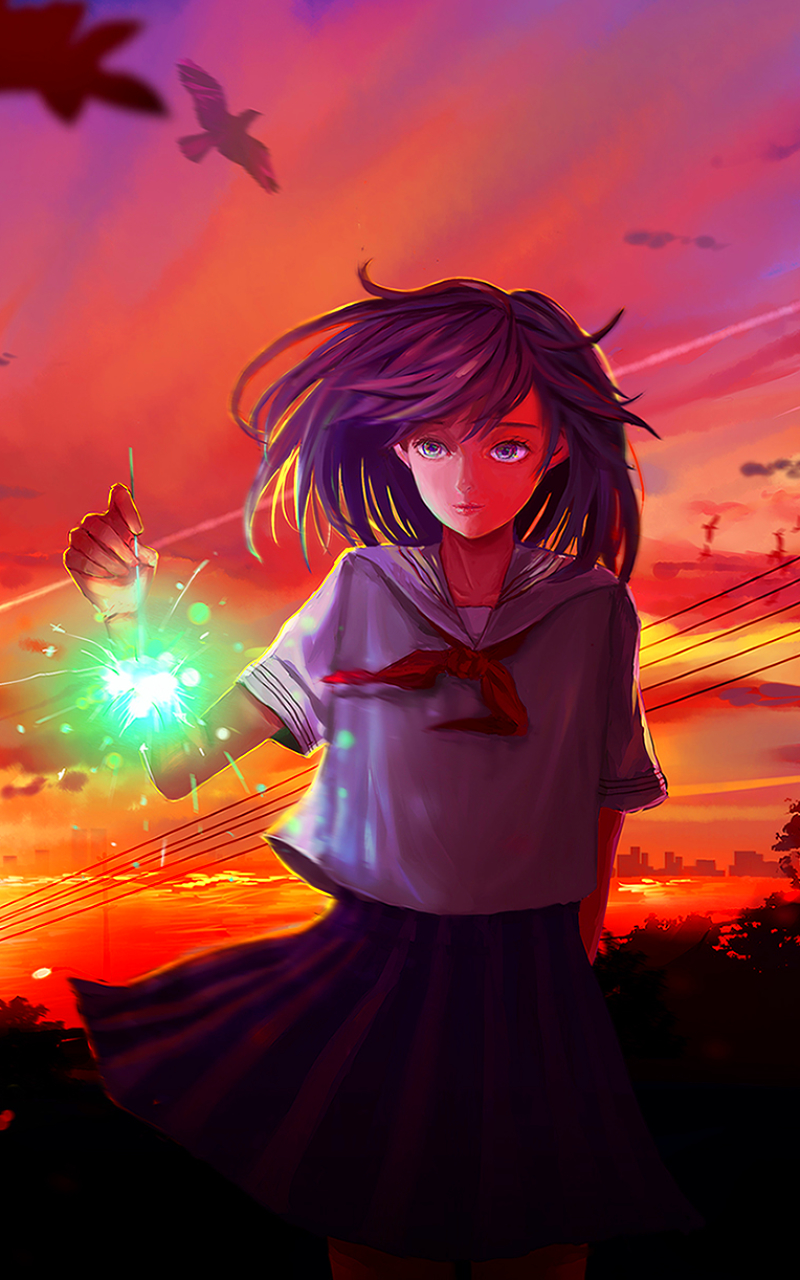 Download mobile wallpaper Anime, Water, Sunset, Sky, Girl, Fireworks, Skirt, Purple Hair for free.