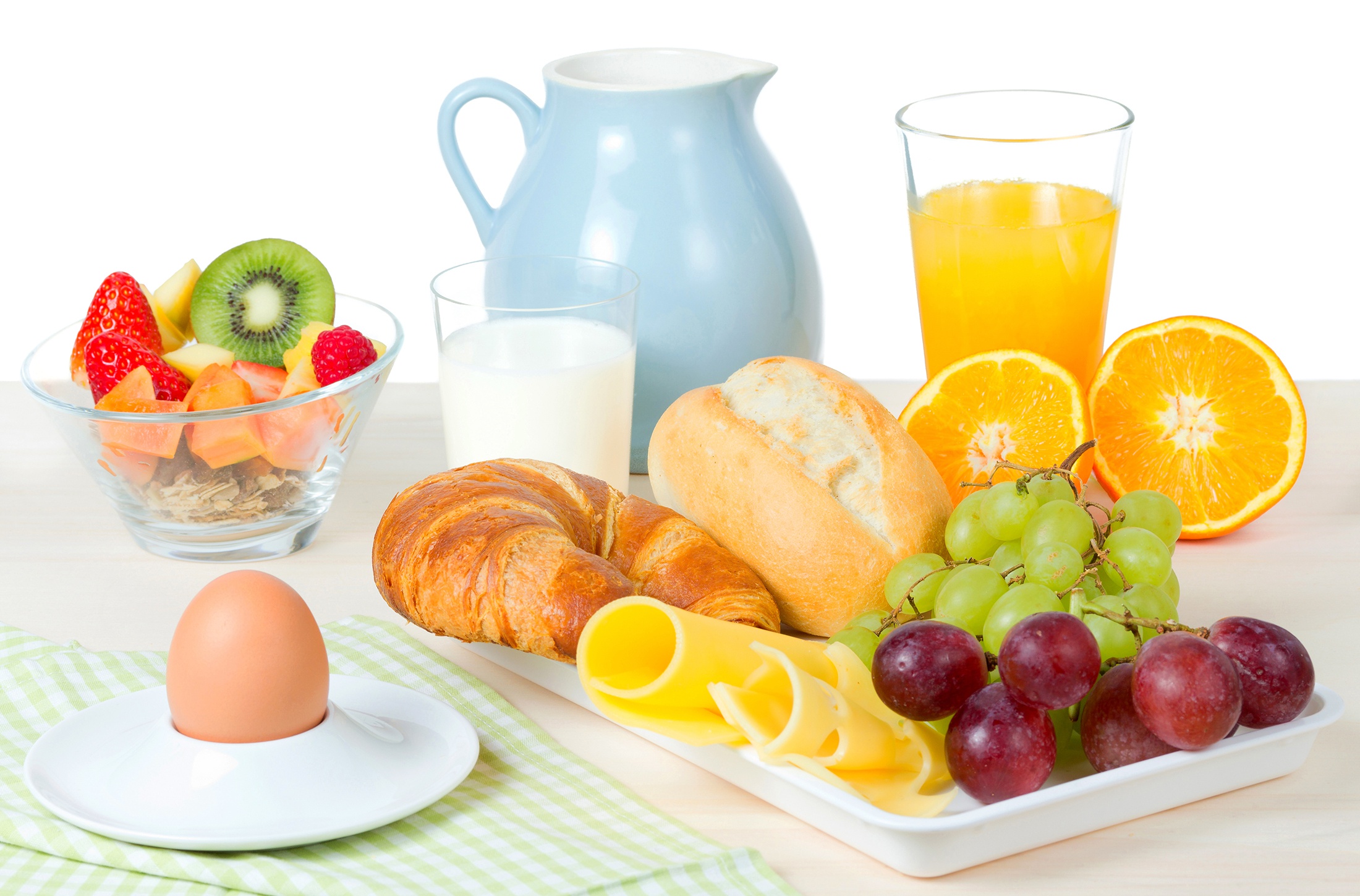 Download mobile wallpaper Food, Cheese, Still Life, Glass, Fruit, Egg, Breakfast, Milk, Croissant, Juice for free.