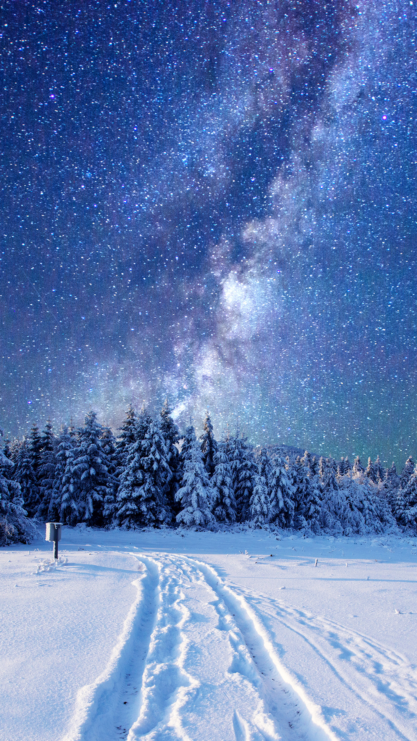 Download mobile wallpaper Winter, Nature, Sky, Stars, Snow, Forest, Milky Way, Sci Fi for free.