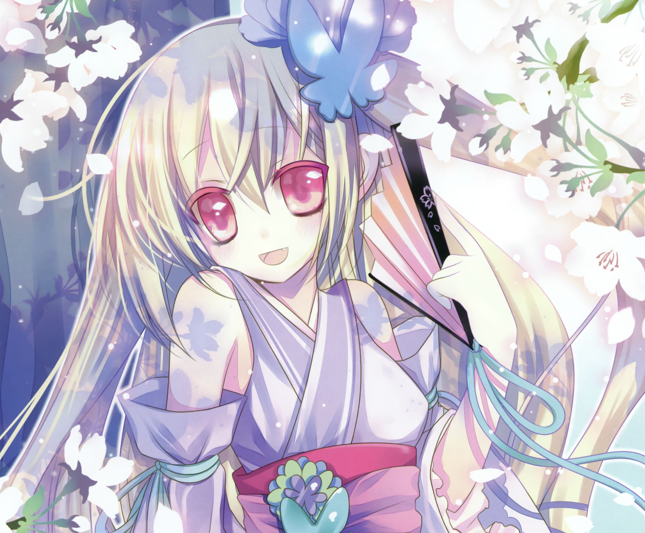 Download mobile wallpaper Anime, Butterfly, Blonde, Kimono, Fan, Cherry Blossom, Original, Long Hair, Pink Eyes for free.