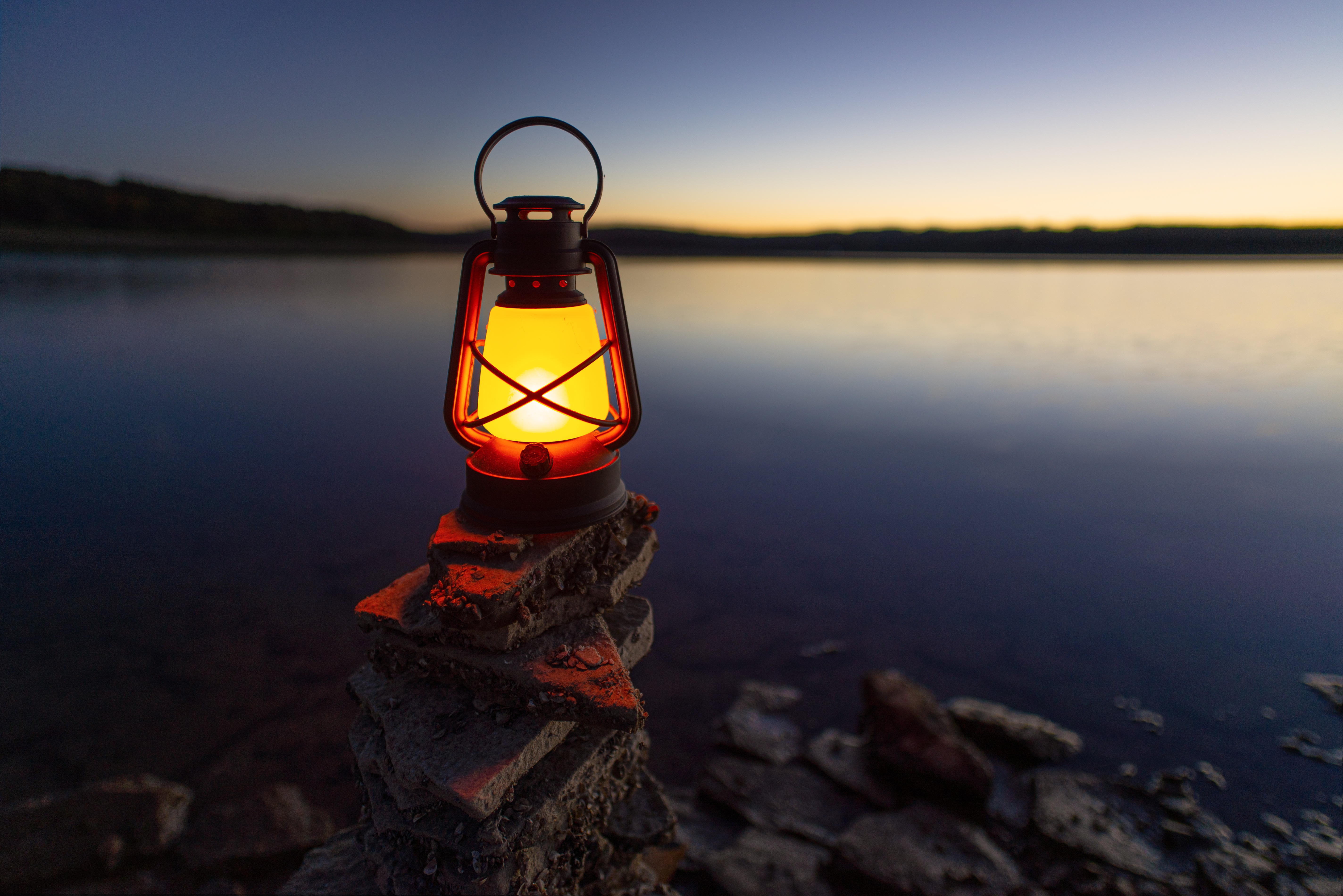 light, lamp, dark, stones, lake, shore, bank, shine, lantern
