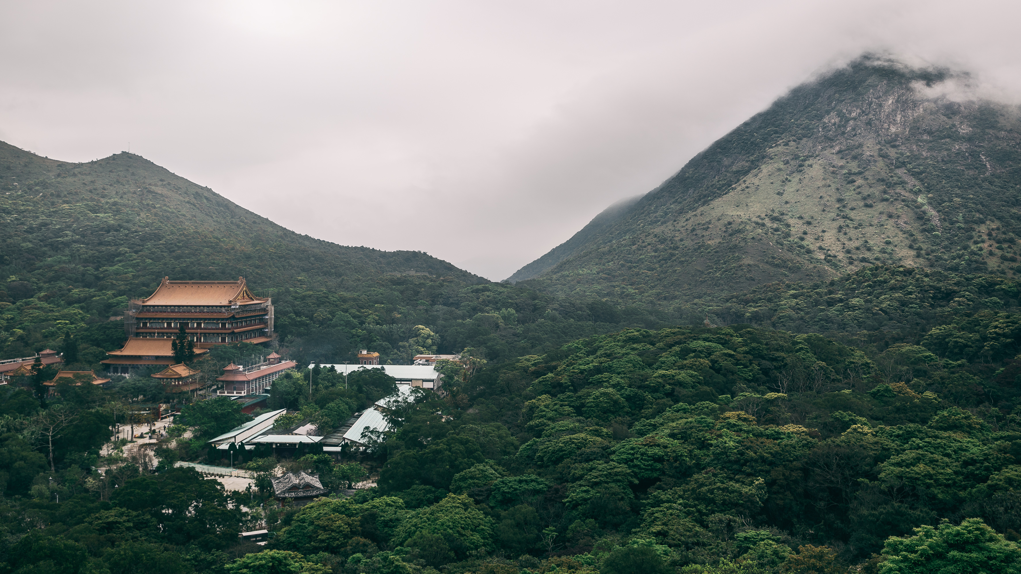 Download mobile wallpaper Po Lin Monastery, Lantau Island, China, Temples, Religious, Hong Kong, Fog, Mountain for free.