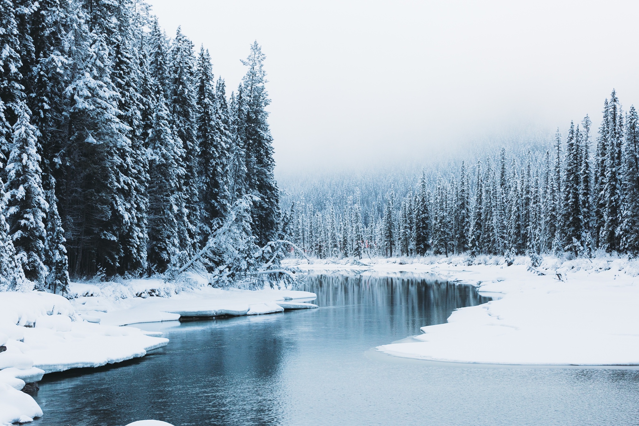 Download mobile wallpaper Winter, Nature, Snow, Forest, Tree, Earth, River for free.