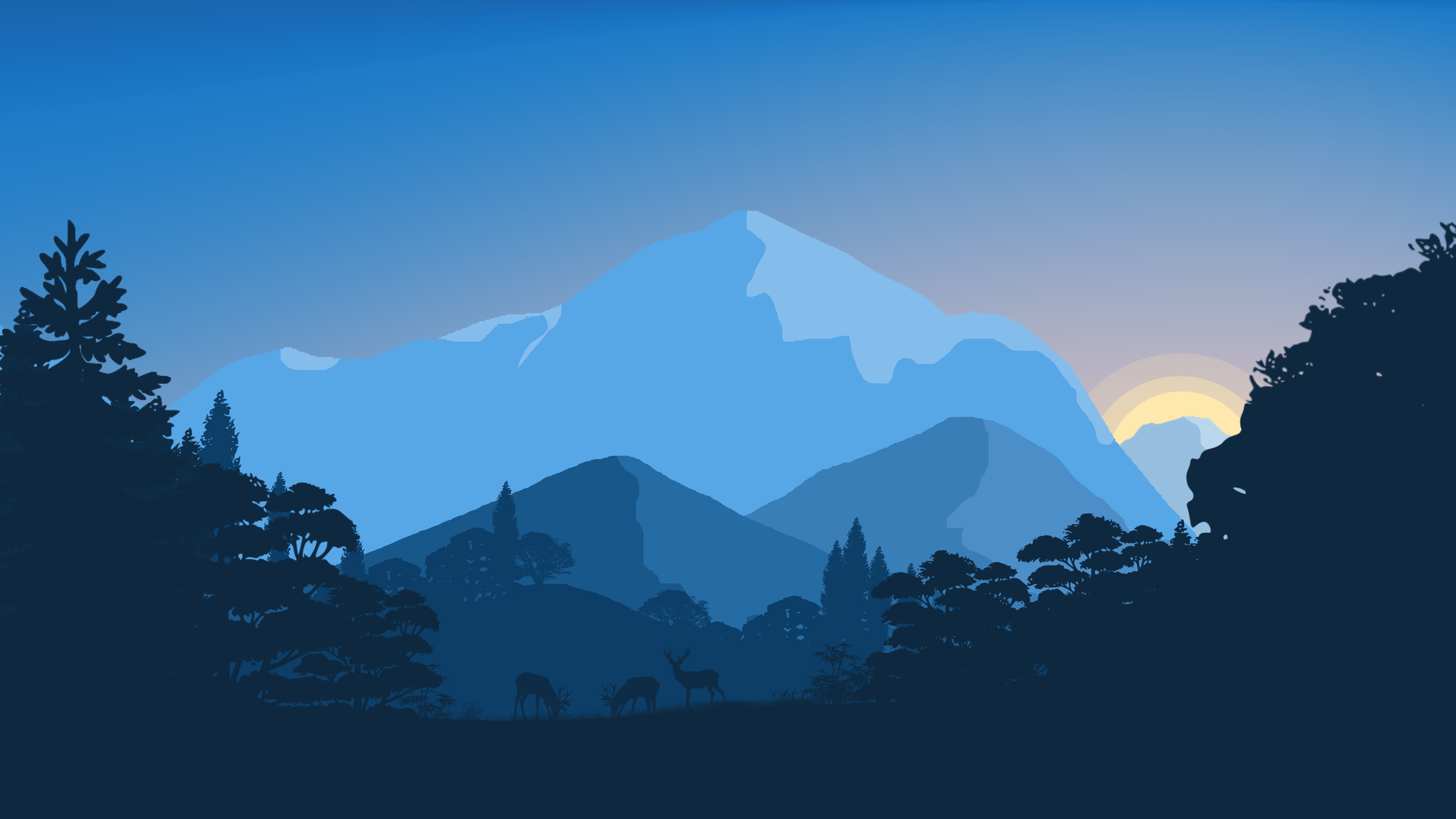 Descarga gratis la imagen Montaña, Bosque, Artístico, Minimalista, Atardecer, Venado en el escritorio de tu PC