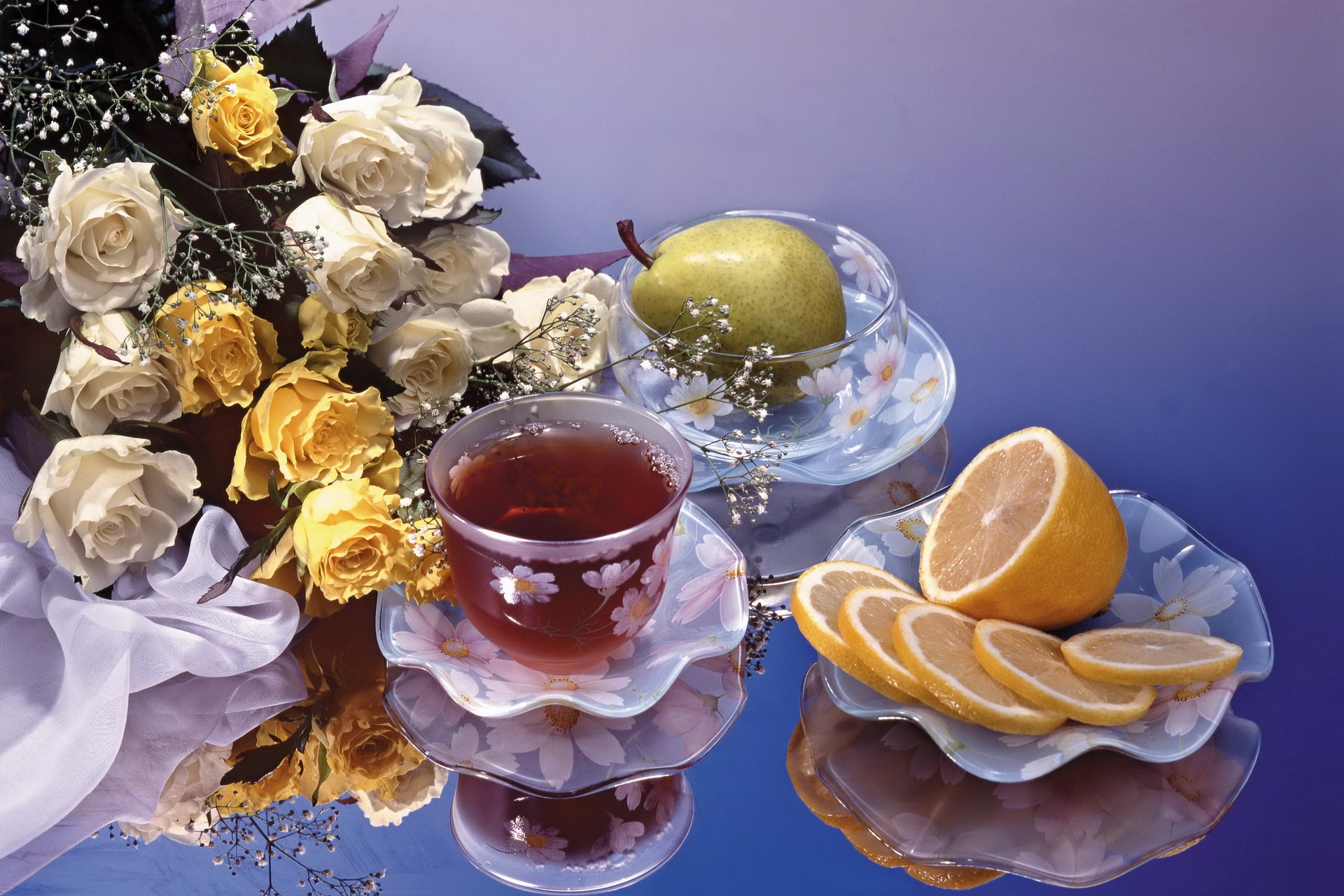 106783 скачать обои чай, розы, букет, груша, лимон, цветы - заставки и картинки бесплатно