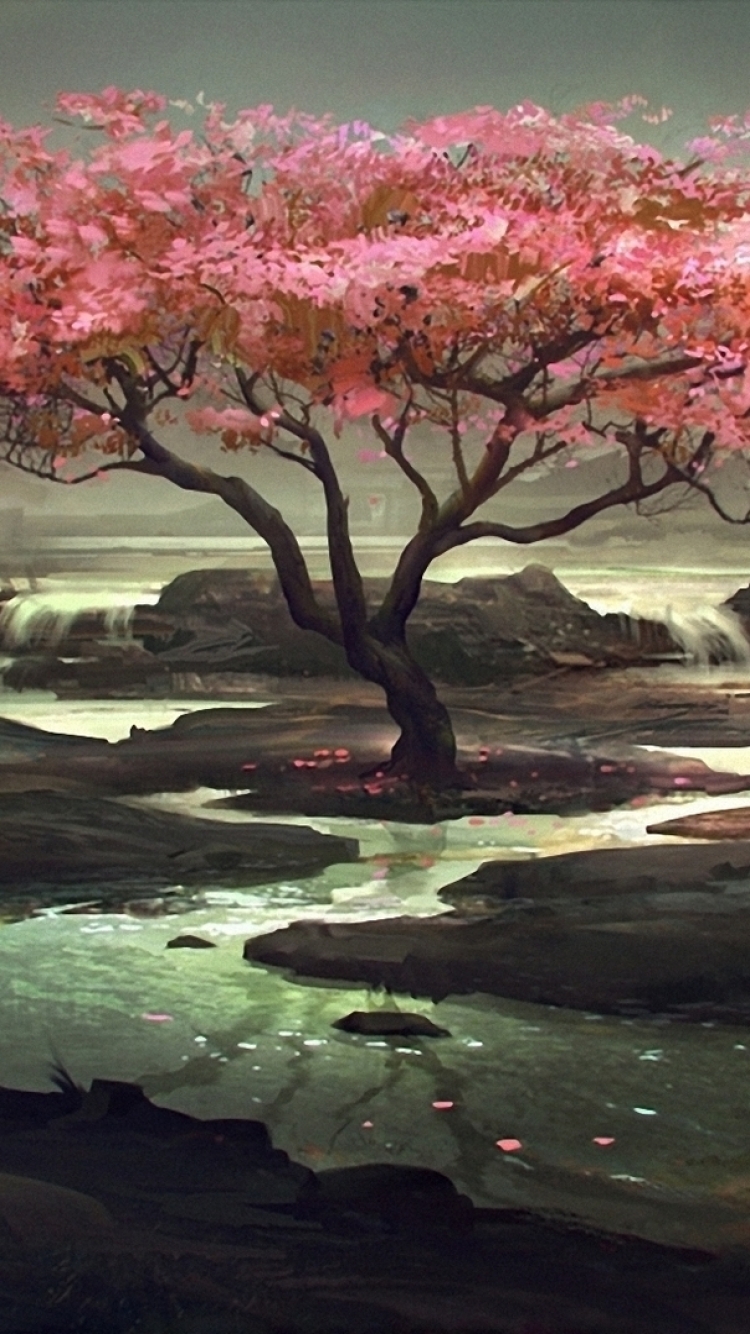 Download mobile wallpaper Landscape, Lake, Flower, Tree, Artistic, Oriental, Scenic for free.