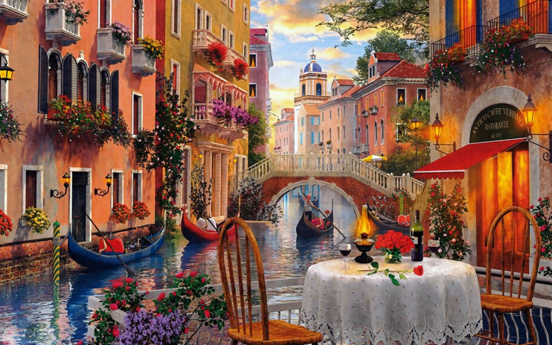 house, cafe, artistic, painting, canal, gondola, table, venice