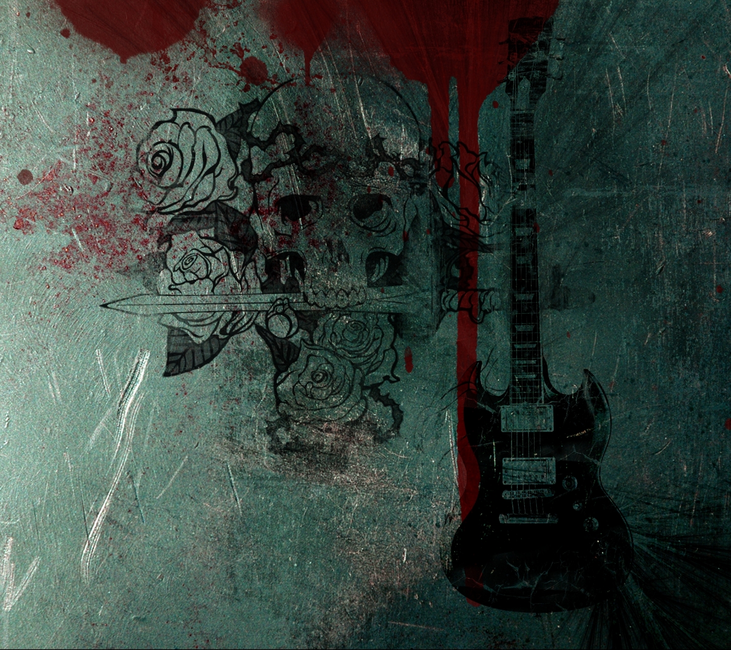 Laden Sie das Musik, Blut, Rose, Gitarre, Schädel, Skelett, Schwert-Bild kostenlos auf Ihren PC-Desktop herunter