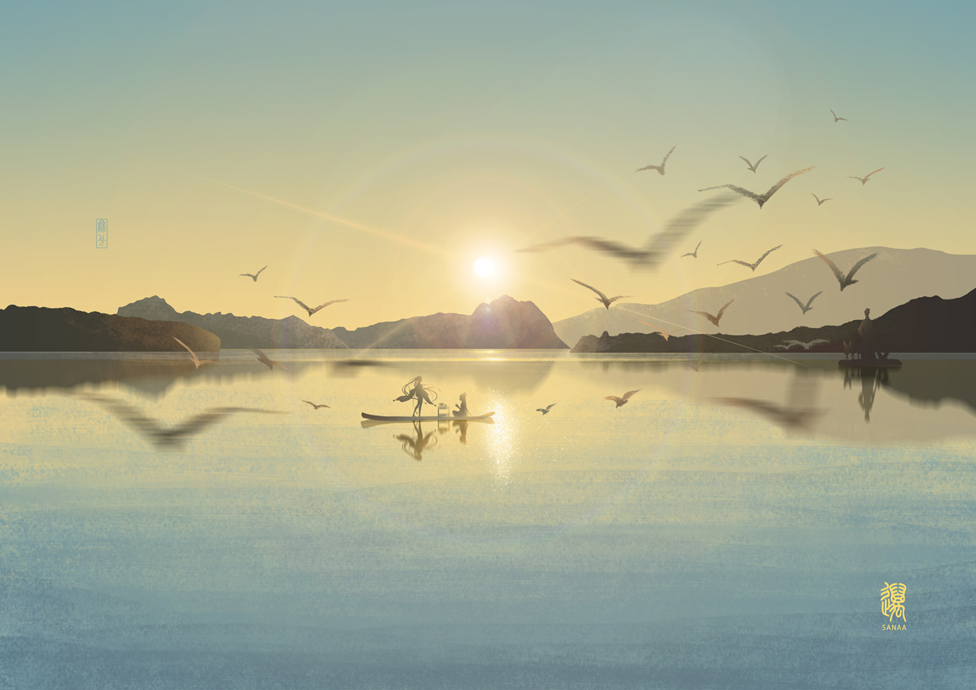 Laden Sie das See, Vogel, Boot, Original, Animes, Sonnenschein-Bild kostenlos auf Ihren PC-Desktop herunter