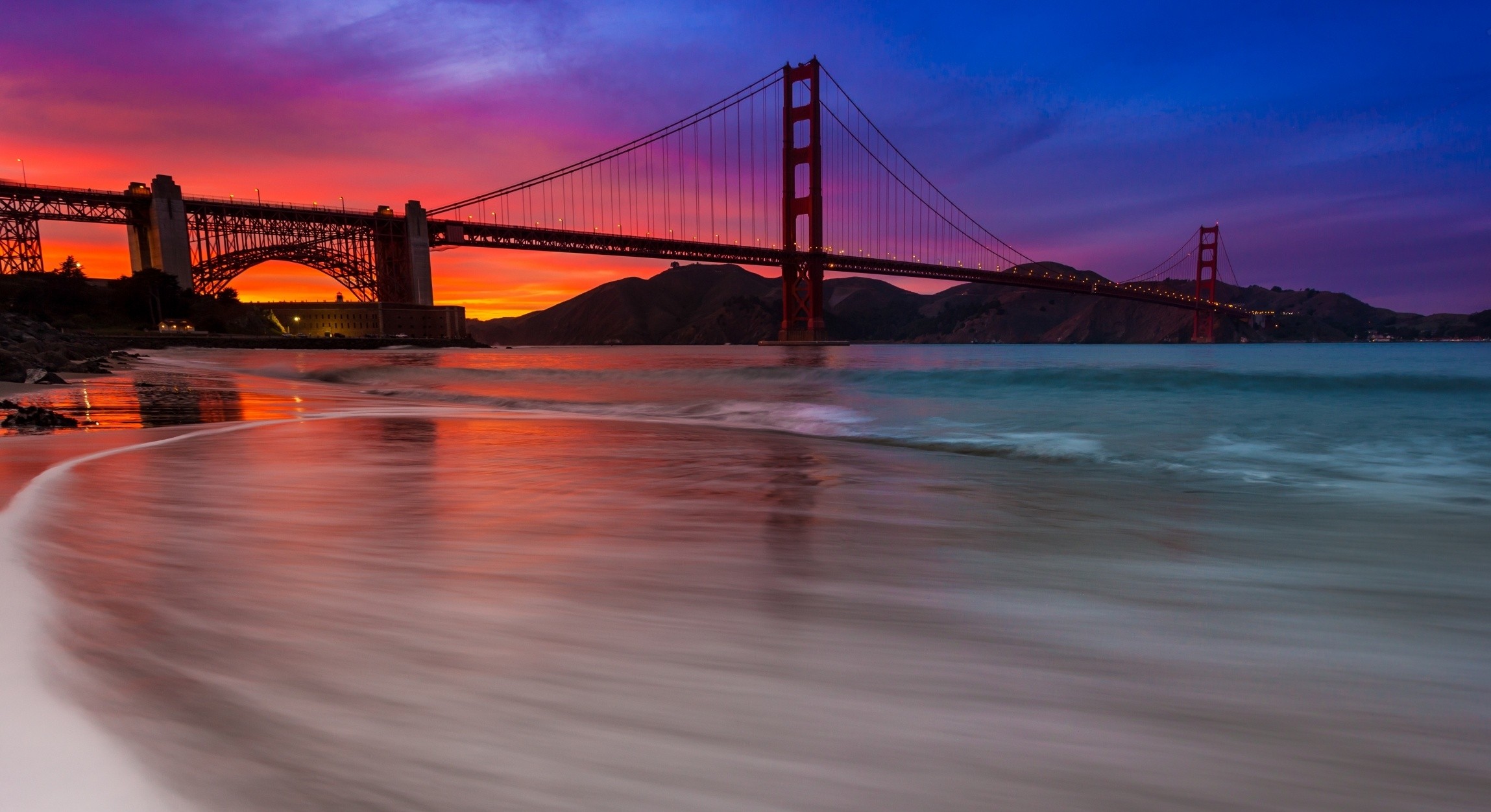 Download mobile wallpaper Bridges, Sunset, Sky, Ocean, Bridge, Golden Gate, Man Made, Orange (Color) for free.