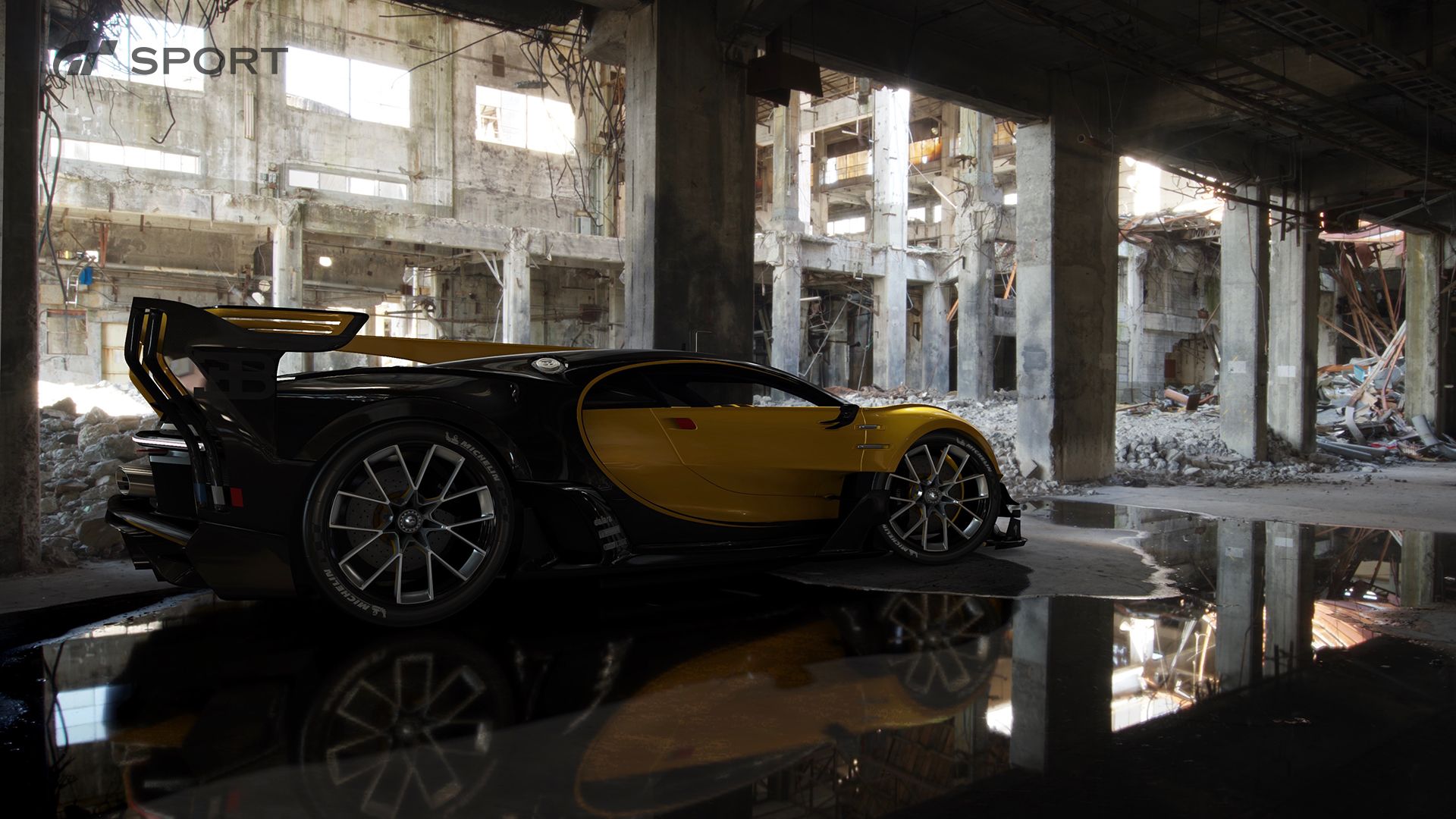 Download mobile wallpaper Bugatti, Reflection, Car, Ruin, Gran Turismo, Video Game, Gran Turismo Sport for free.