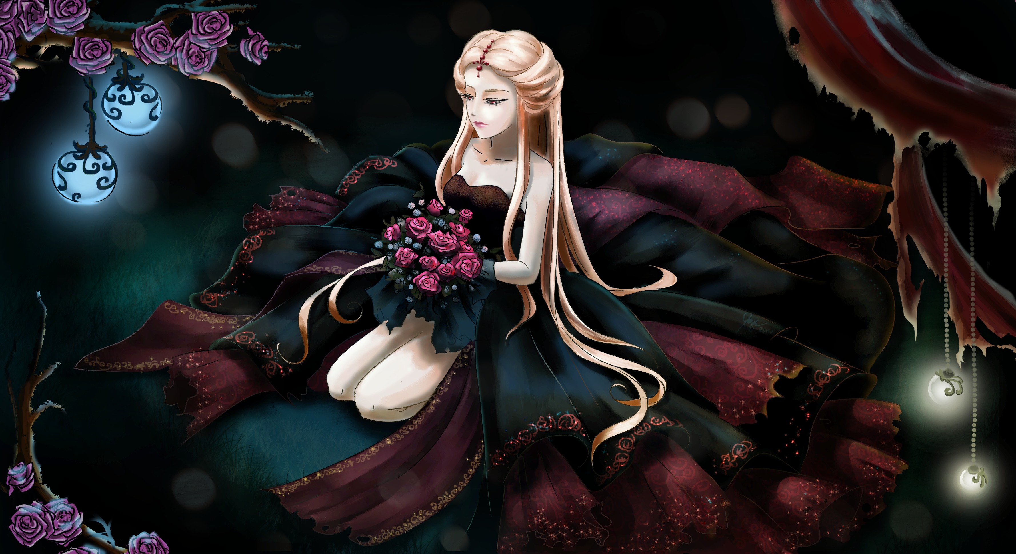 Laden Sie das Rosa, Blume, Rose, Braut, Original, Blondinen, Animes-Bild kostenlos auf Ihren PC-Desktop herunter