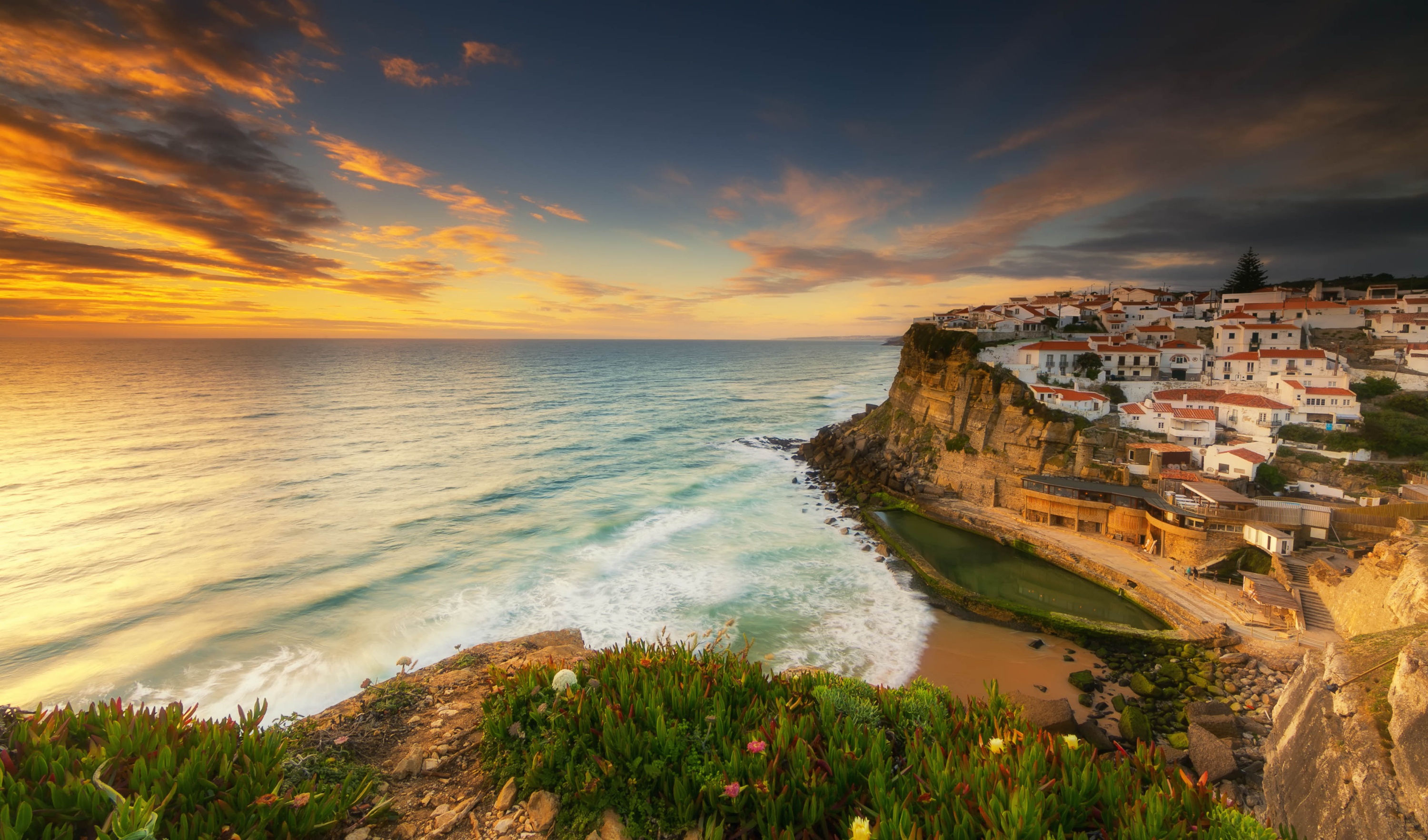 Free download wallpaper Landscape, Nature, Sunset, Coast, Ocean, House, Town, Man Made, Towns on your PC desktop